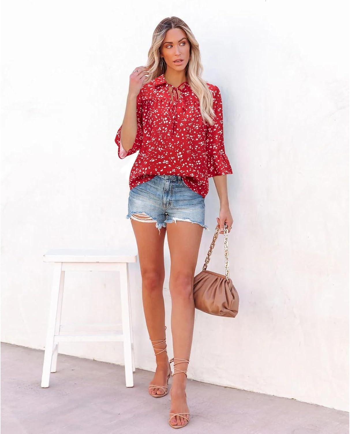 siliteelon Womens Ruffle 3/4 Sleeve Tops and Blouses Dressy Casual Flowy V Neck Tie Front Floral Business Work Shirts Trendy - Image 3