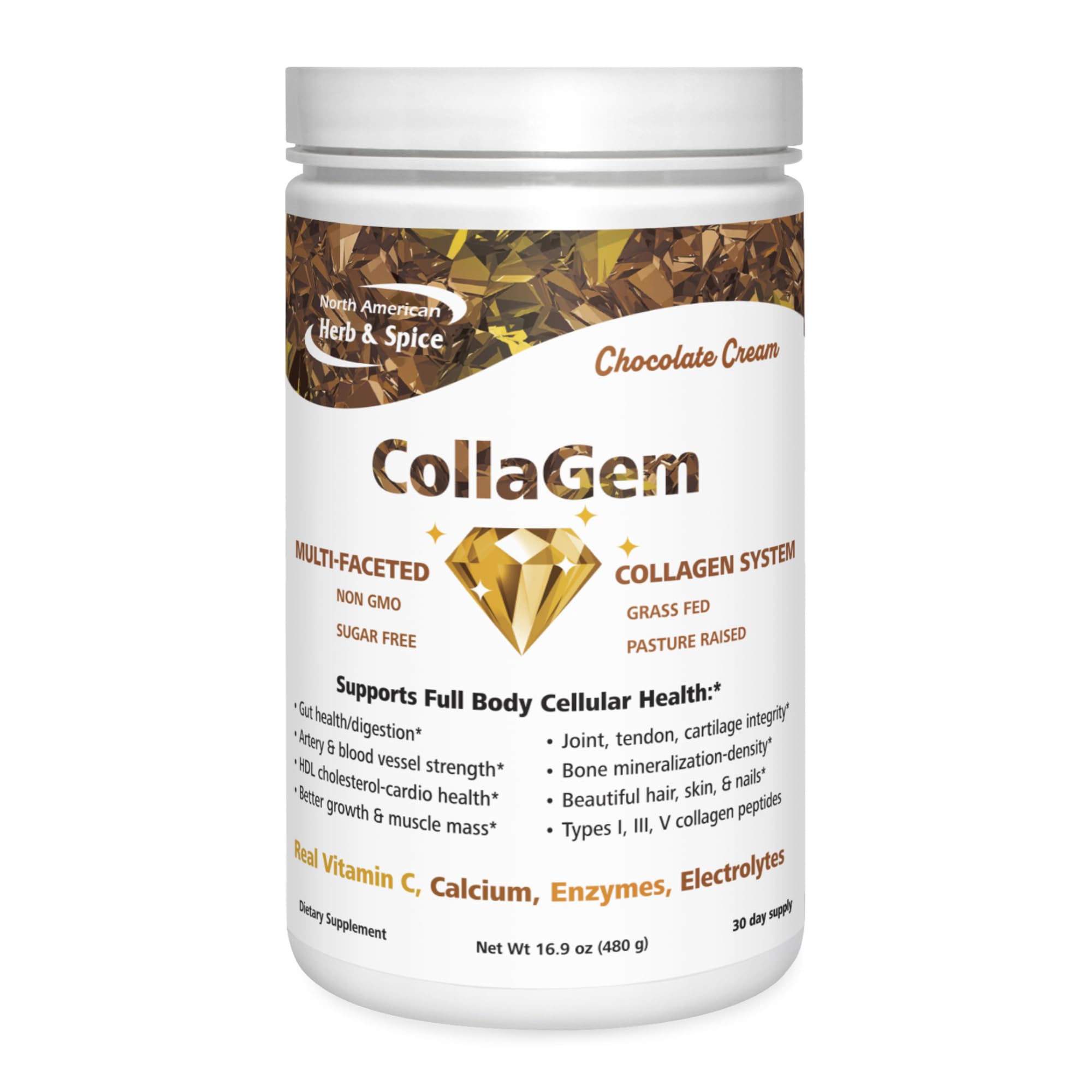 NORTH AMERICAN HERB & SPICE CollaGem Powder, Chocolate Cream - 16.9 oz - 11 g of Collagen with Vitamin C, Calcium & Electrolytes - Bone, Skin, Hair, Nails & Joi
