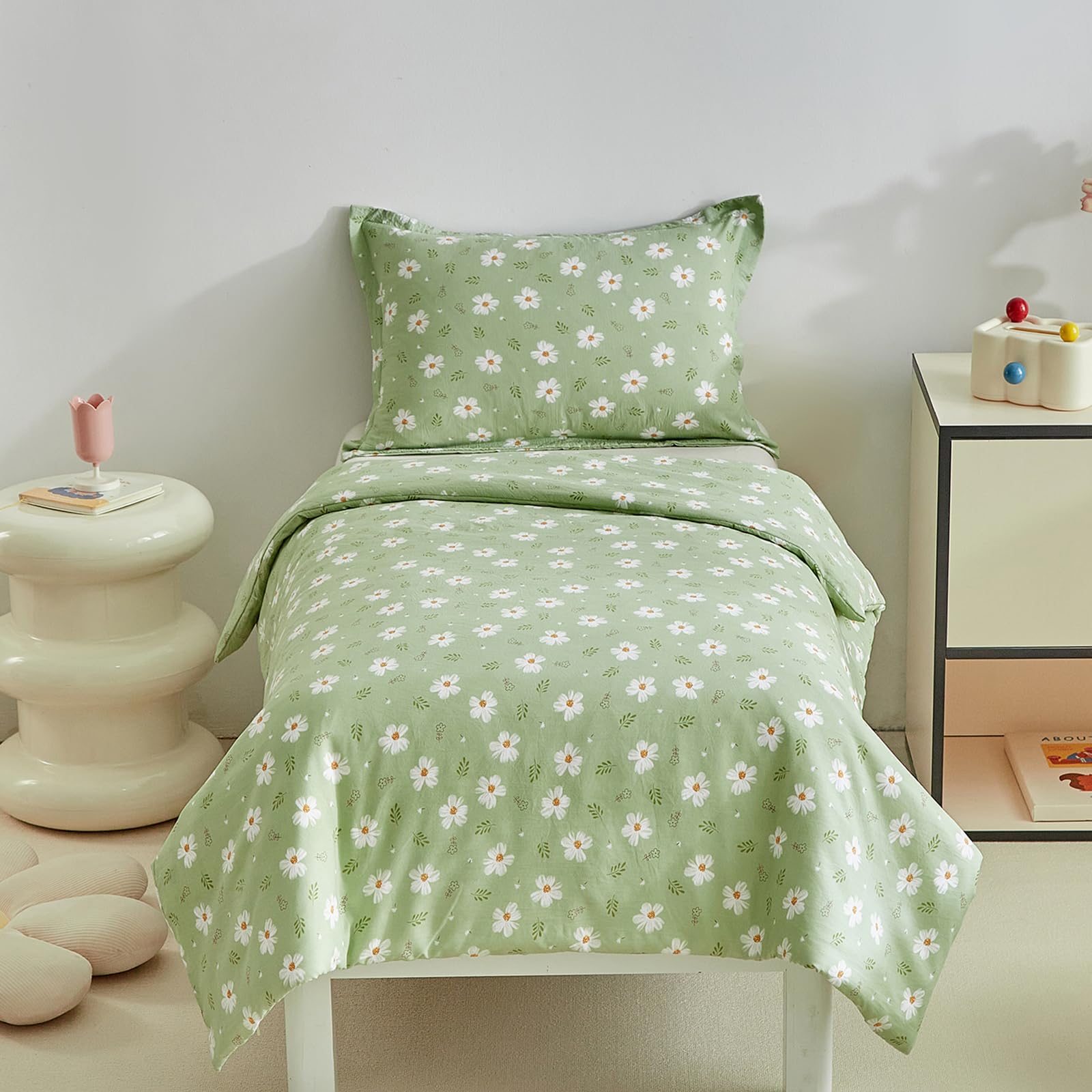 DuShow Floral Single Bedding Set For Girls and Boys,Kids Single Bed Duvet Cover and Pillowcase Set Flower Duvet Cover Set Green-135 x 200