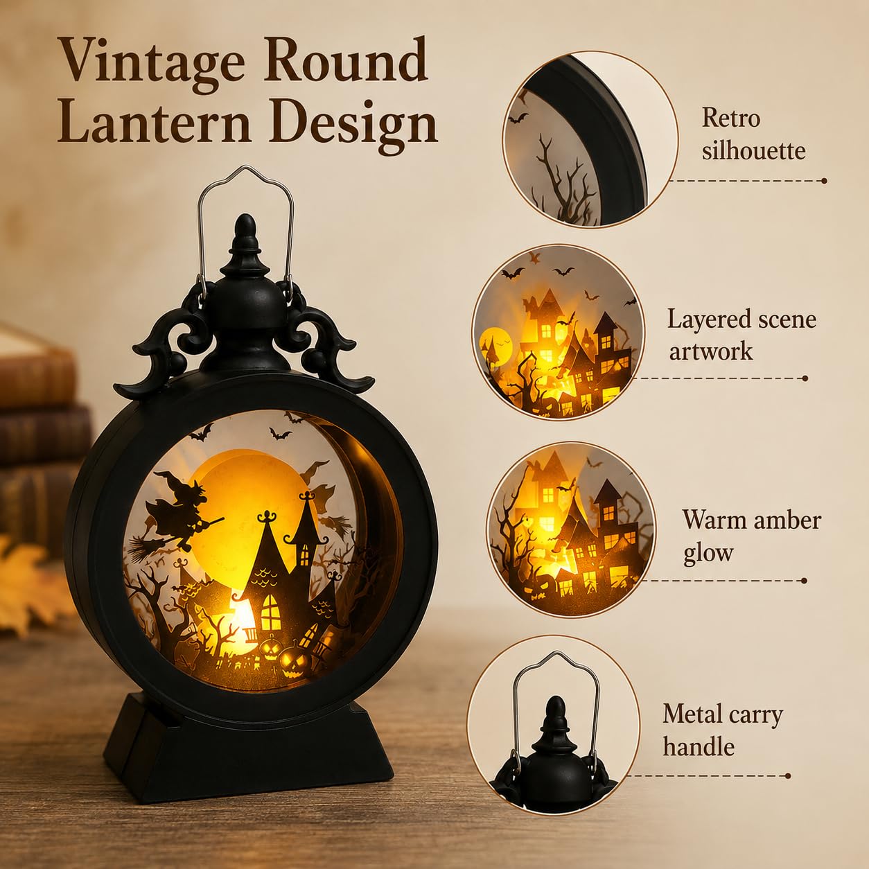 Lampion Halloween LED do dekoracji stołu, 17 cm, vintage, wiszące światło