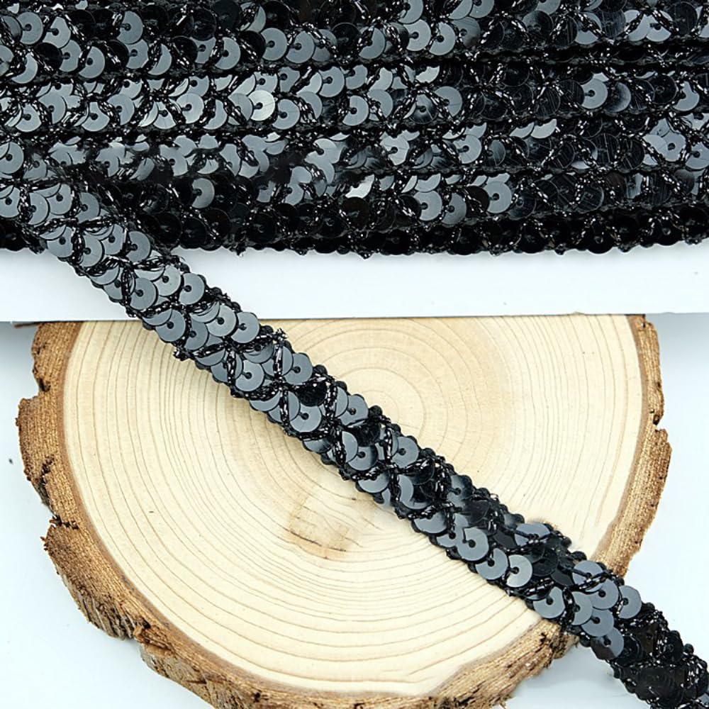 Nastro Elastico Con Paillettes Nere 13,5 M - 2 File Di Lustrini, Altezza 1,5 Cm - Per Cucito Creativo, Moda E Decorazioni Fai Da Te - 2