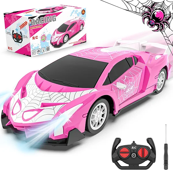 Pink Remote Control Car for Girls 4-7, 2.4GHz Rc Cars for Boys Age 3-5, Ghost Spider Car with Headlights, Spidey and Friends Toys for 3 4 5 6 7 8+ Years Old Kids Girl Gift