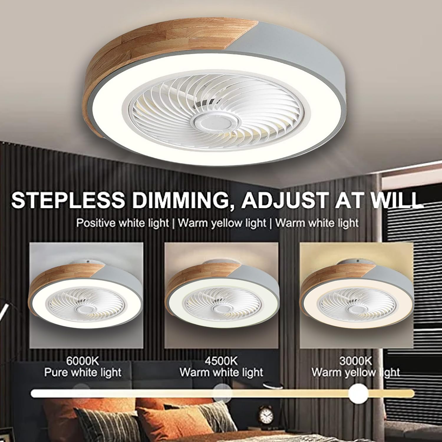 LANMOU Ventilatore da Soffitto con Lampada, 72W Lampadario Dimmerabile Ventilatore Silenzioso con Telecomando/APP, Timer, 3 Velocità del Vento e 3 Temperatura di Colore, Ø52cm, Round,Grigio