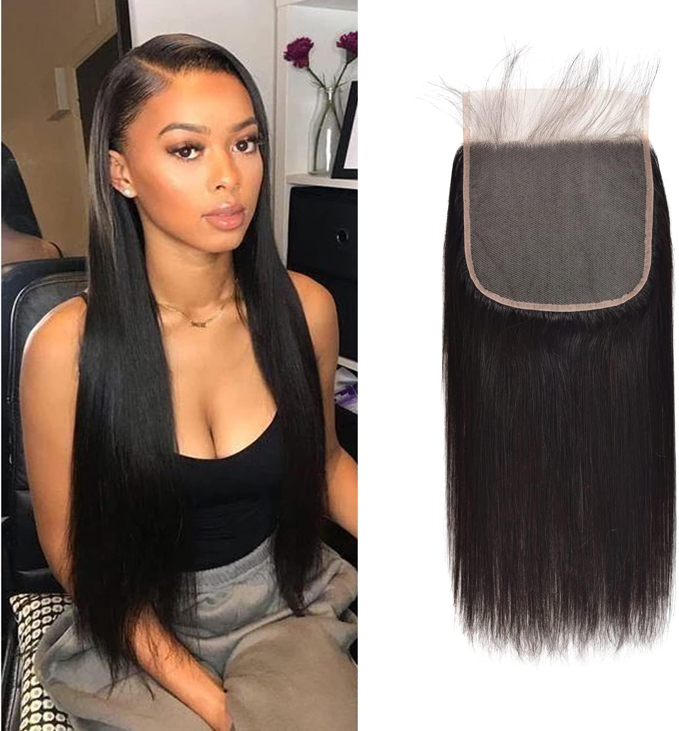 5X5 HD Lace Closure Front Free Part With Baby Hair Bleached Knot Unprocessed Brazilian Real Human Hair Extensions Virgin Remy Hair Weave Pre Plucked Lace Closure 5X5 Natural Color（16 Closure）