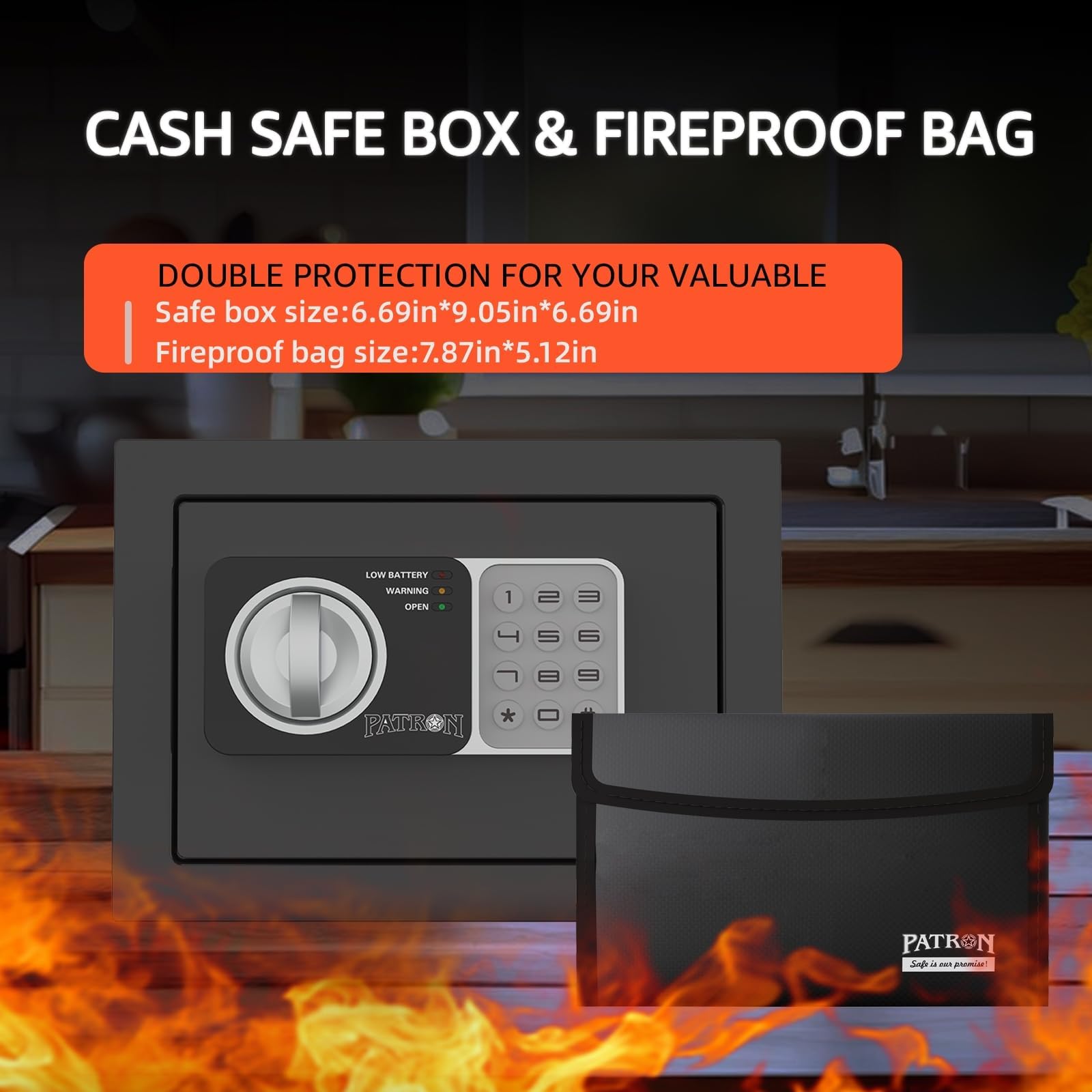 17NEF-FP PATRON Safe Box with Digital Electronic Security Keypad Fireproof Mini Small Safe,Money Safe,Wall or Cabinet Safe for Home Office Travel Business Use 0.236 Cubic Feet Black - Image 2