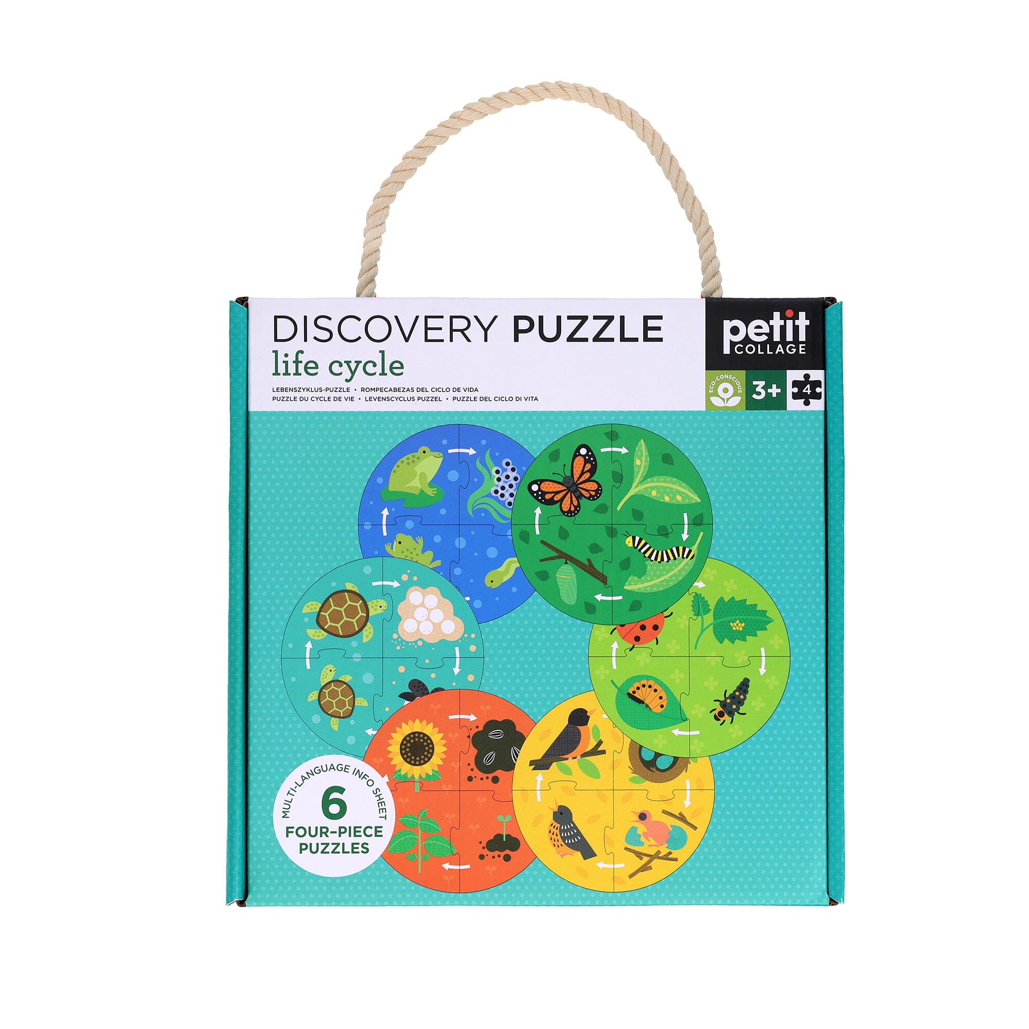 Petit Collage: Discovery Life Cycle Mini Puzzles - Contains 6 Mini Puzzles with 4 Pieces Each and Multi-Language Info Sheet - Show Life Cycle for Different Animals - Great Gift for Children 3+ - Image 4