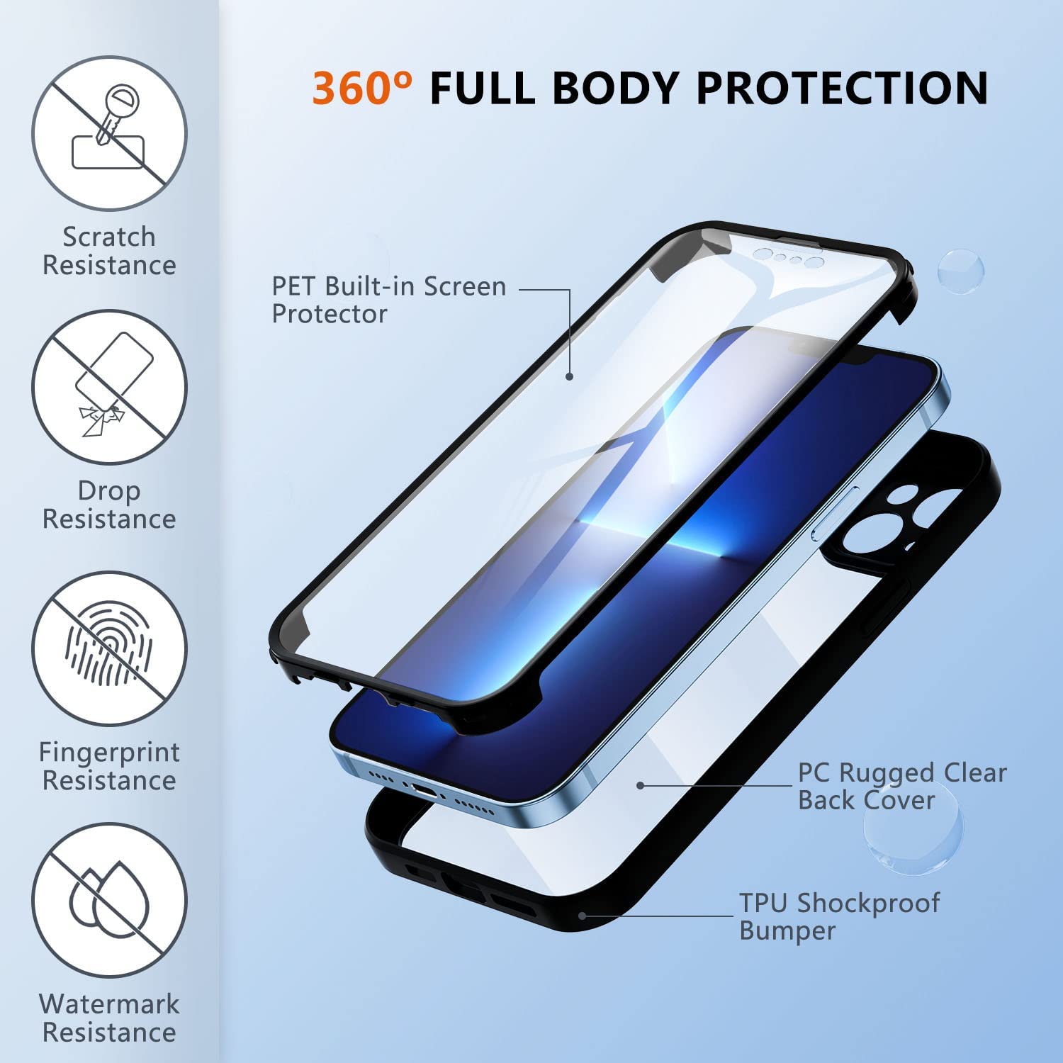 Cover Per IPhone 14 Antiurto 360° - Con Protezione Schermo E Fotocamera Integrate, TPU Trasparente, Ricarica Wireless, Nero