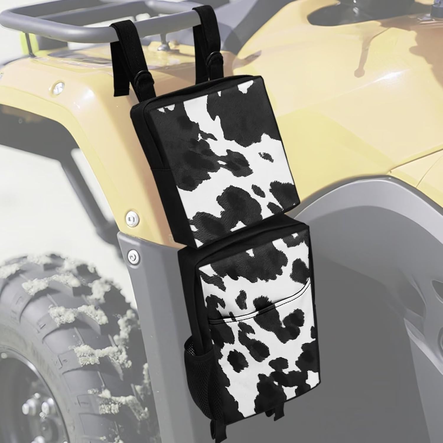 SEANATIVE ATV Fender Bag Black Cow Cargo Storage Bag 2 Pack for Front and Rear Fender Beside Tank Rack Durable UTV Accessories for Roll Cage and Bar Gear Organizer