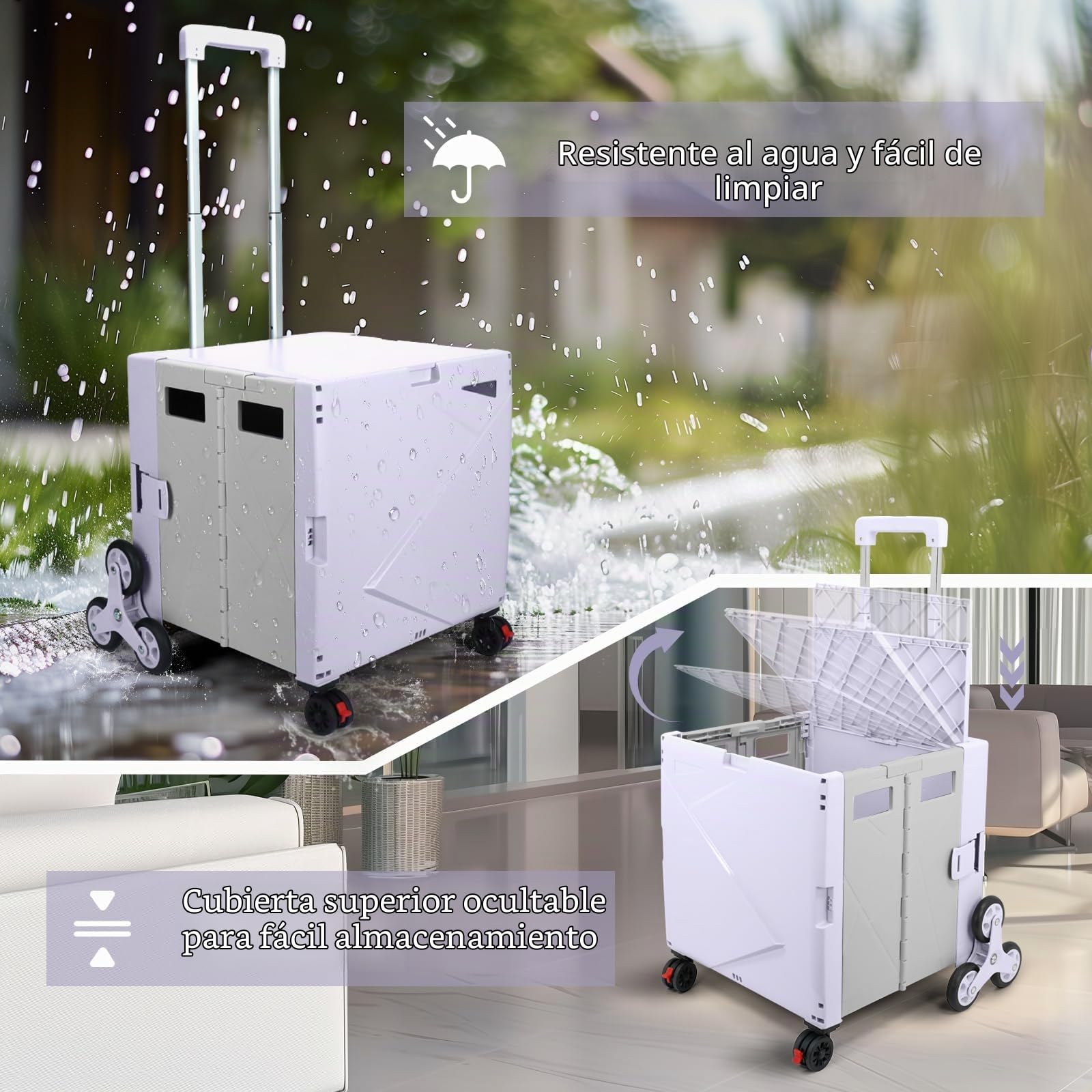 LexonElec x SELORSS Carrito De Compras Plegable con Ruedas para Subir Escaleras, Mango Telescópico Ajustable De Aluminio Y Tapa, Caja De Utilidad Portátil Plegable, 90 Kg/76 litros - Púrpura Gris
