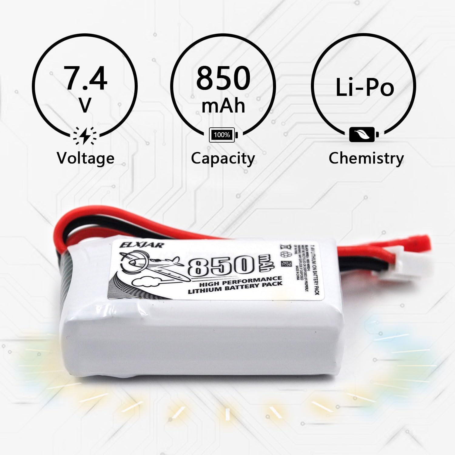 (4-Pack) 7.4V 850mAh 20C LiPo Battery with JST Plug for UDI U829A, U829X, MJX X600 RC Car, Boat, Drone