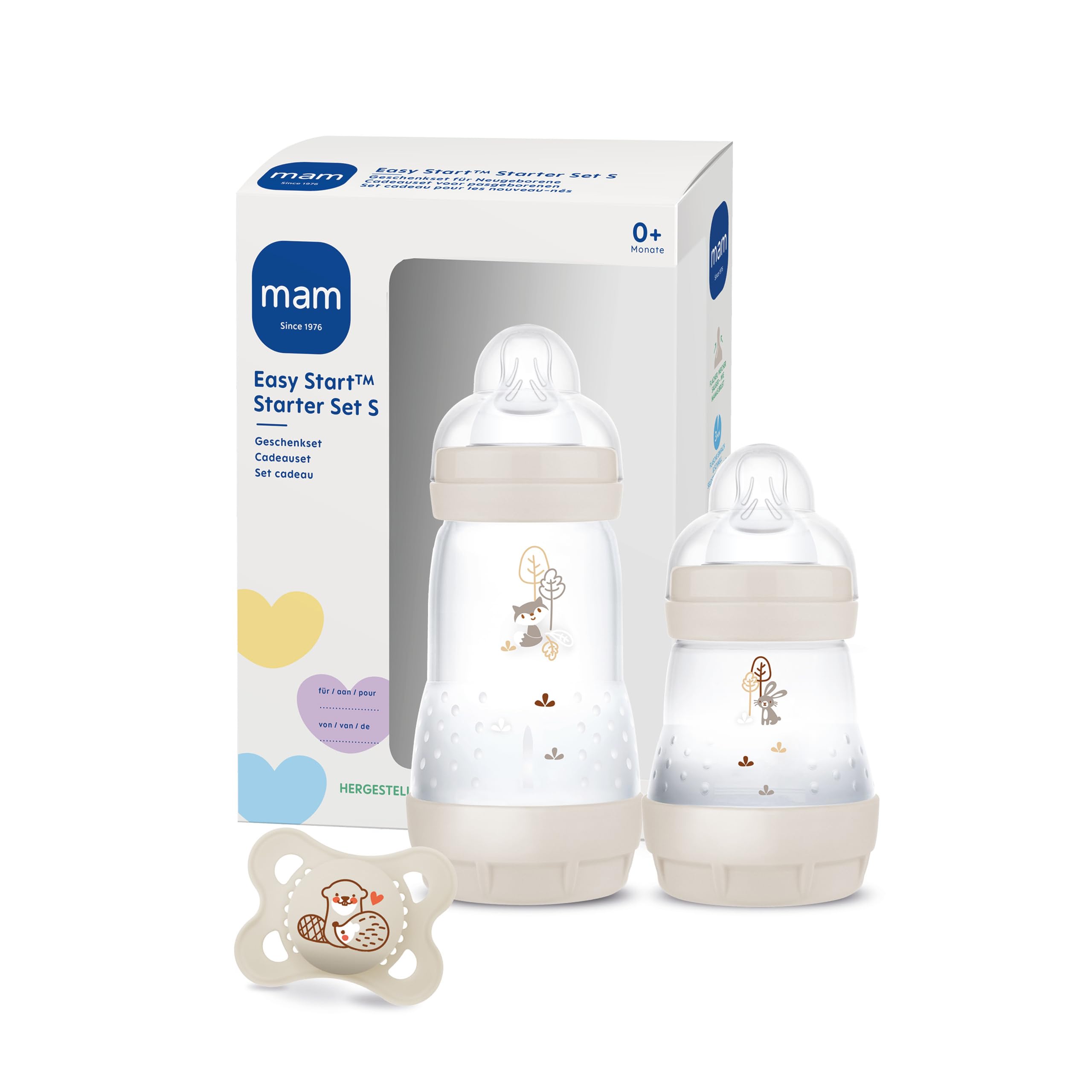 MAM Easy Start Anti-Colic Starter Set S, Baby Erstausstattung mit 2 Anti-Colic Flaschen (160 ml & 260 ml) inkl. Sauger Größe 1 und Schnuller, Baby Geschenk Set, ab der Geburt, beige