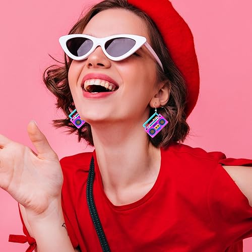 Miniatura 2 de Aretes de los años 70, 80 y 90 para mujer, aretes retro de cinta de cassette acrílica, aretes colgantes para Halloween, cosplay, fiesta brillante,
