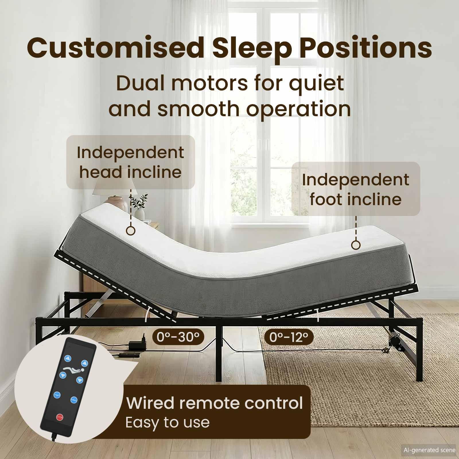 vidaXL Telaio letto elettrico regolabile (90 x 190 cm, in acciaio, telaio del letto in acciaio epossidico, telecomando, regolazione indipendente, testa e piedi), altezza e angolo regolabili