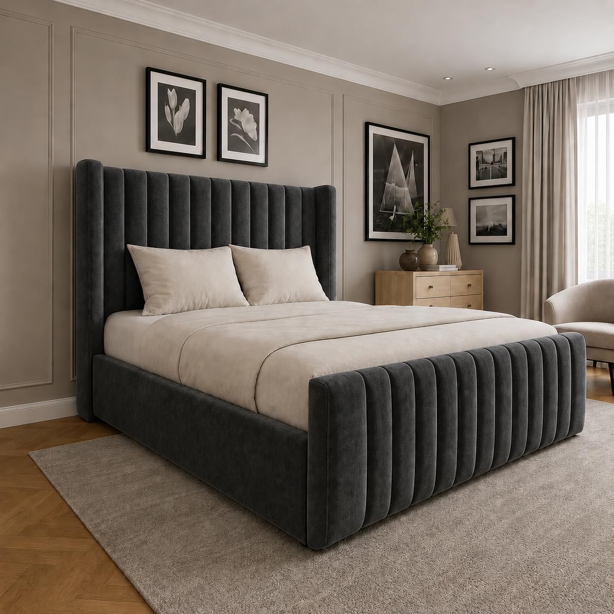 iq beds Padded Bed Frame With Winged Panel Headboard - Upholstered Bed with Gas Lift Storage Choice Modern Bedroom Furniture for Single Small Double Double King and Super King 3ft-6ft