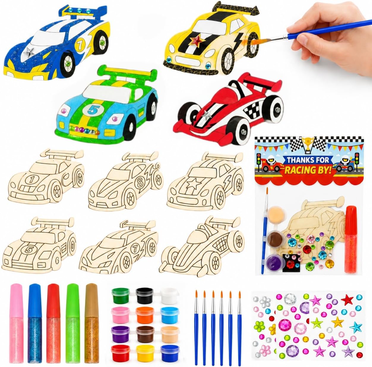 GEECOZYLIFE Race Car Party Favors, 12 Pack Paint Your Own Wooden Racing Car