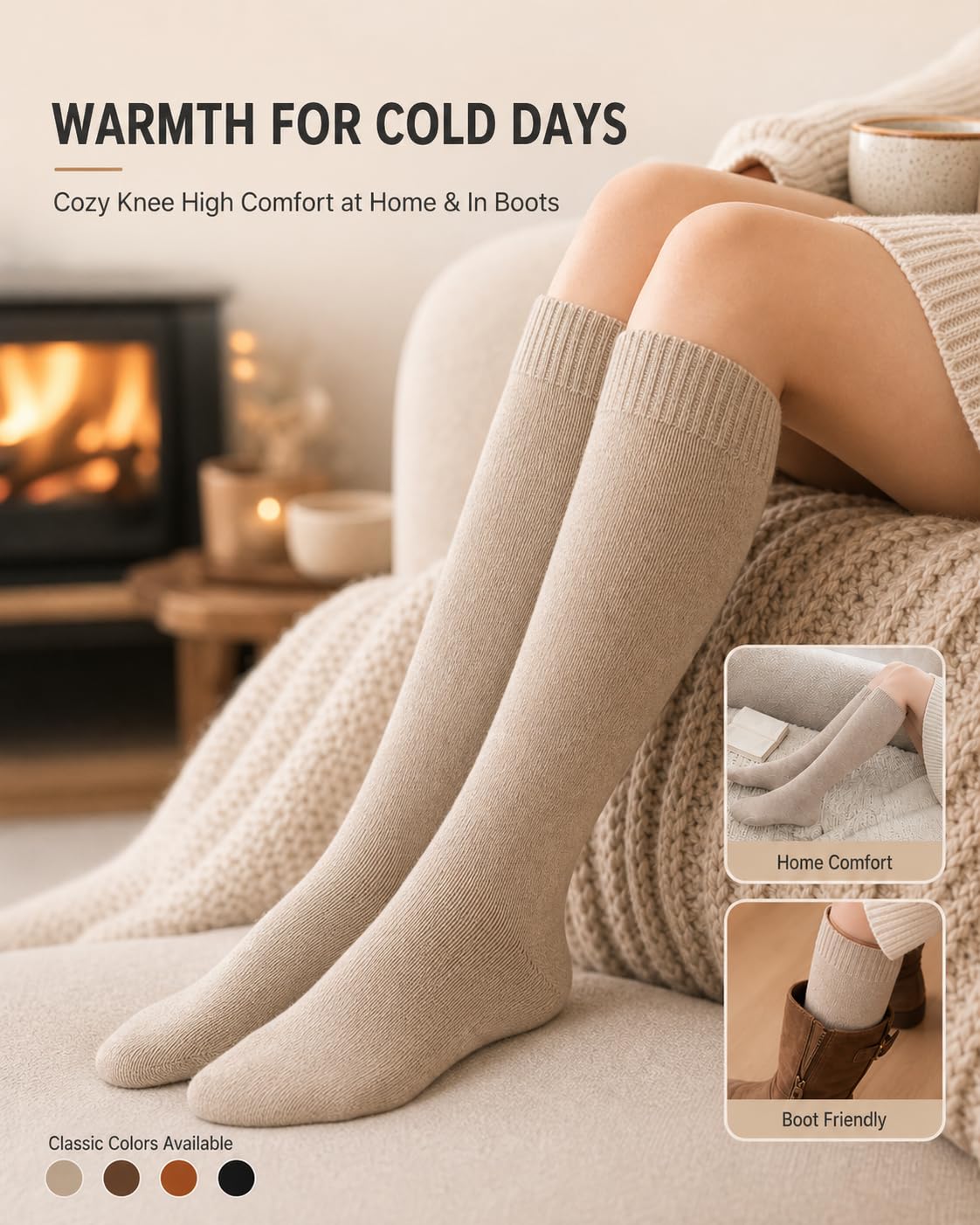 Aoliks Chaussettes hautes chaudes pour femme, chaussettes thermiques en coton pour la randonnée, le ski, cadeaux d'hiver