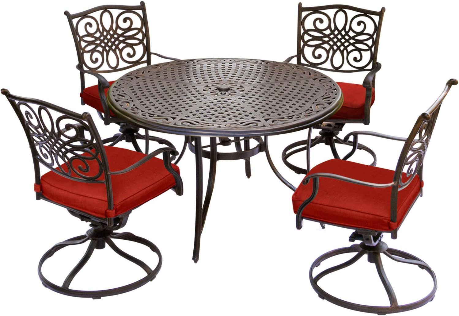 Hanover Traditions 5-Piece Cast Aluminum Outdoor Patio Dining Set, 4 Swivel Rocker Chairs and 48" Round Table, Brushed Bronze Finish with Red Cushions, Rust-Resistant, TRADDN5PCSW-RED : Everything Else
