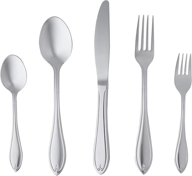 Amazon Basics 60-Piece Flatware Set, Silver - Service for 12 [classic style]