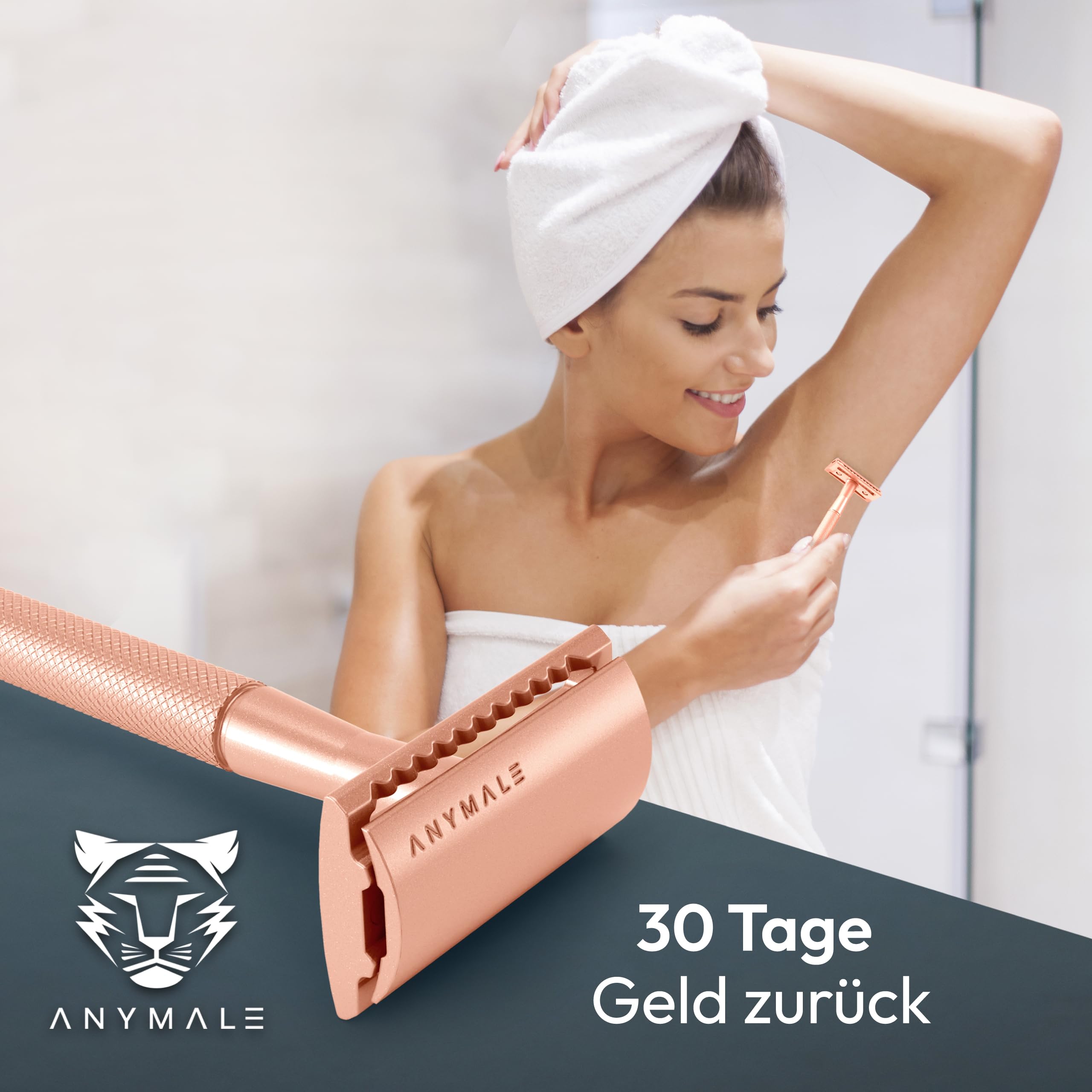 Golarka damska (edycja w kolorze różowego złota) w zestawie 5 x zestaw ostrzy zapasowych i stojak – golarka na mokro i damska golarka (Zero Waste) metalowa z 5 ostrzami – damska golarka i