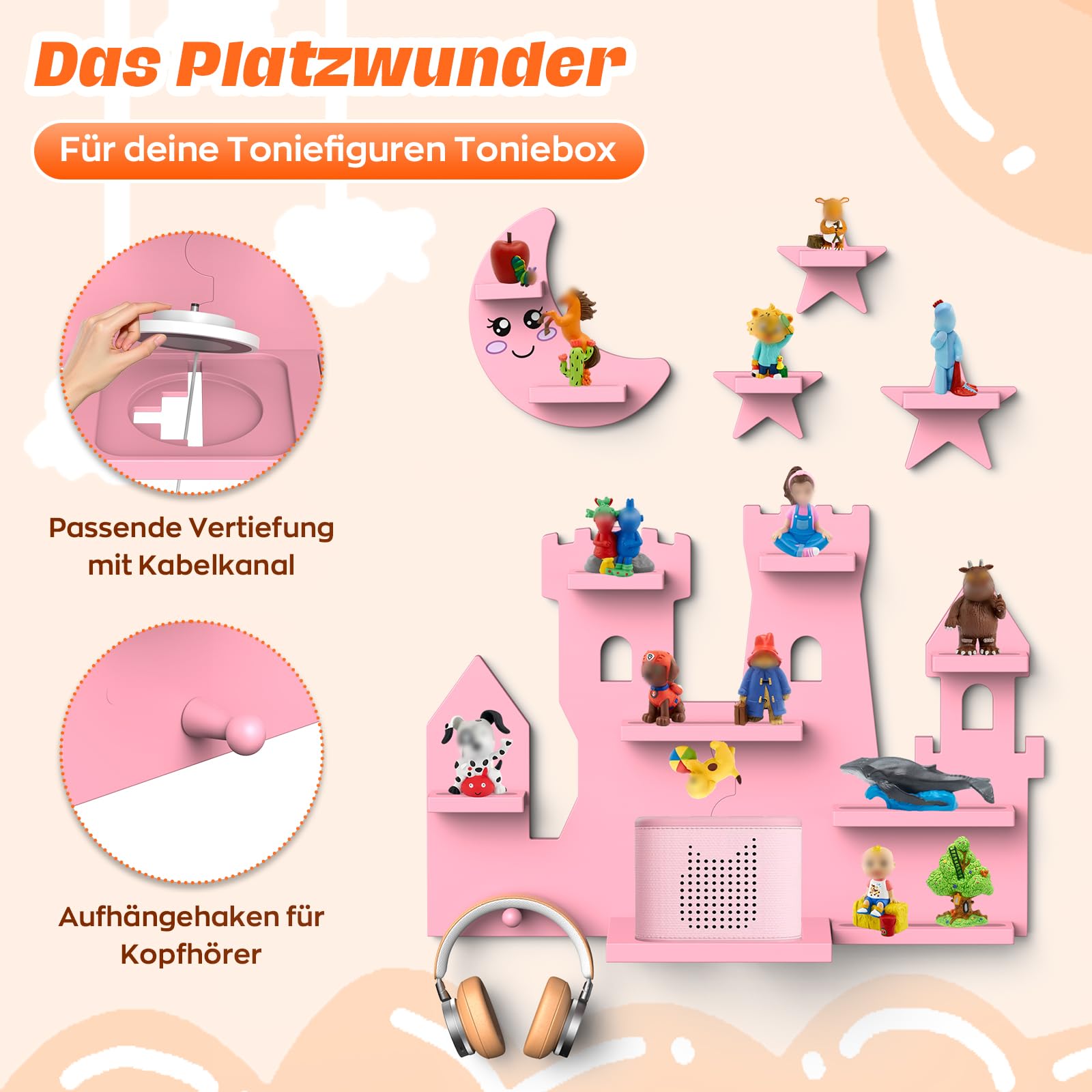 BORISI Wandregal für Toniebox 1 & 2, Holz Rosa, für 30+ Tonie Figuren | 12 mm Holz, Magnethalterung, Kabelkanal, Kopfhörerhaken, inkl. Namenssticker, Geschenkidee