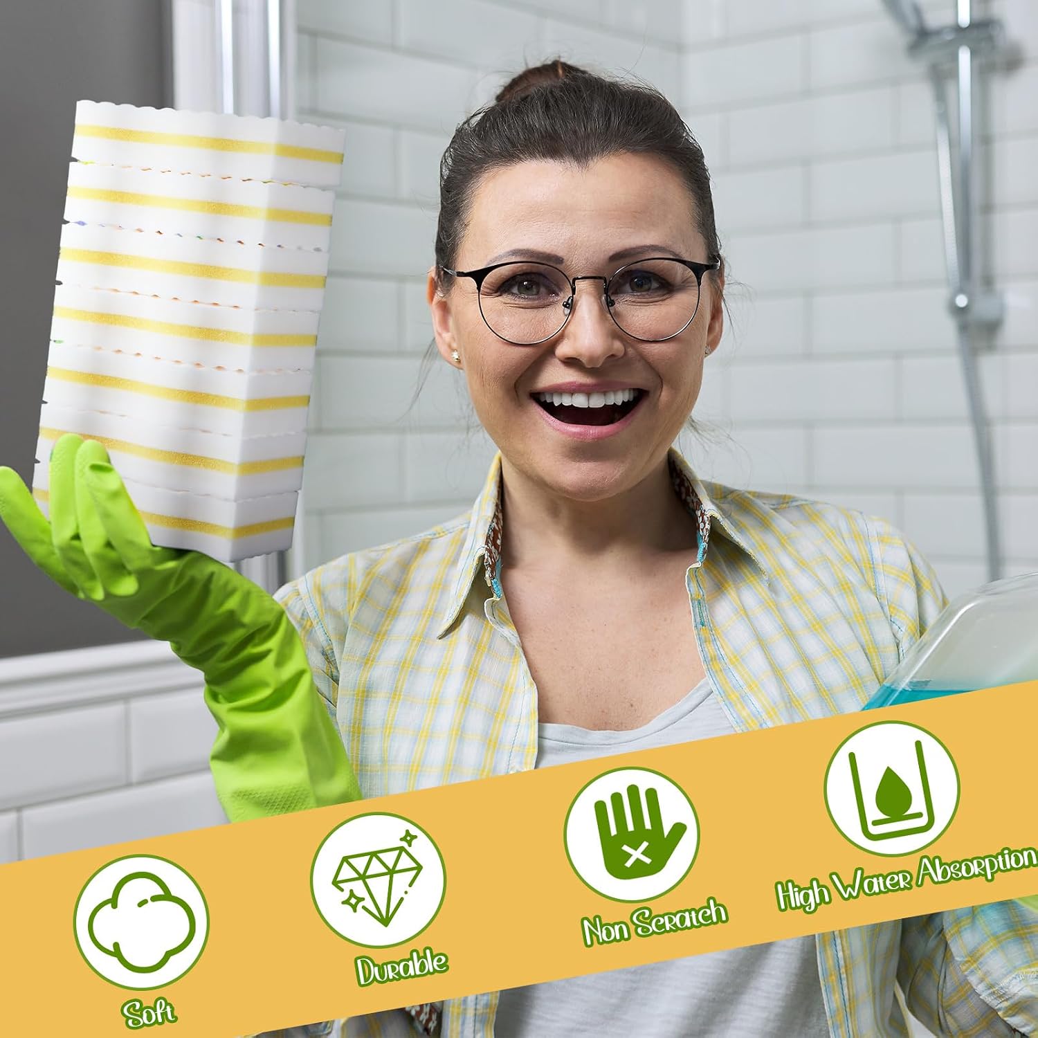 SiliFine 60 Pack Magic Extra Durable Sponge Eraser 3 Layer Density Cleaning Pads in Bulk Thick More Lasting Sponge Eraser for Bathroom Kitchen Floor Bathtub Toilet Cleaner(Yellow and White)