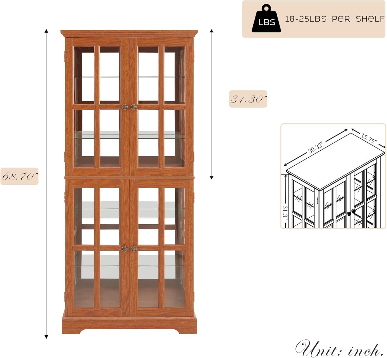 69" Lighted Display Cabinet with 4 Glass Doors, Tall Elegant Bookcase with Adjustable Shelves, Light Bulb Included, Wooden Storage Organizer Cabinet for Collectibles, Living Room (Dark Oak)