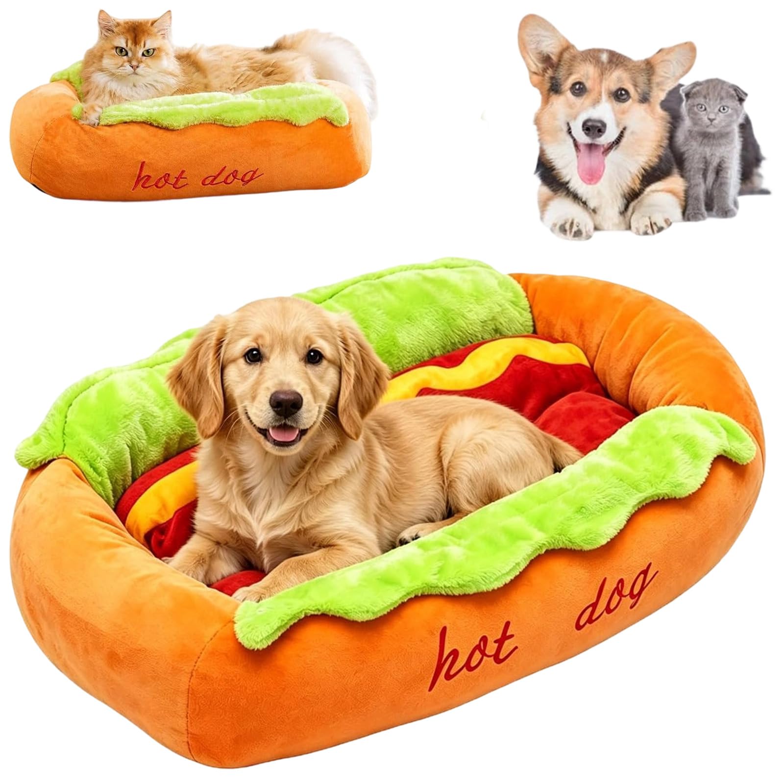 mondpfote Hot Dog Bed for Dachshund, Nest Washable Pet Mat, Cat Bed Plush Pet Bed, Soft Micro Suede Corduroy Hot Dog Bun Sausage Design, Cozy Warm Kennel Mat (L(72 * 62 * 23cm))