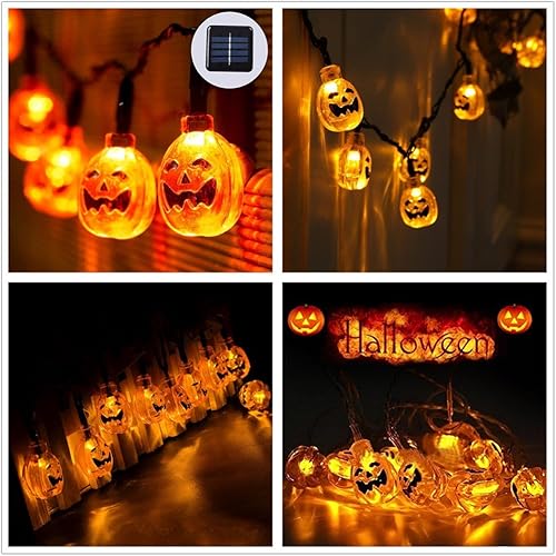 Vista 2 de YBB Tira de luces solares de calabaza, impermeable, decoración de Navidad, 20 luces LED parpadeante/modos de encendido constante, linterna 20 luces