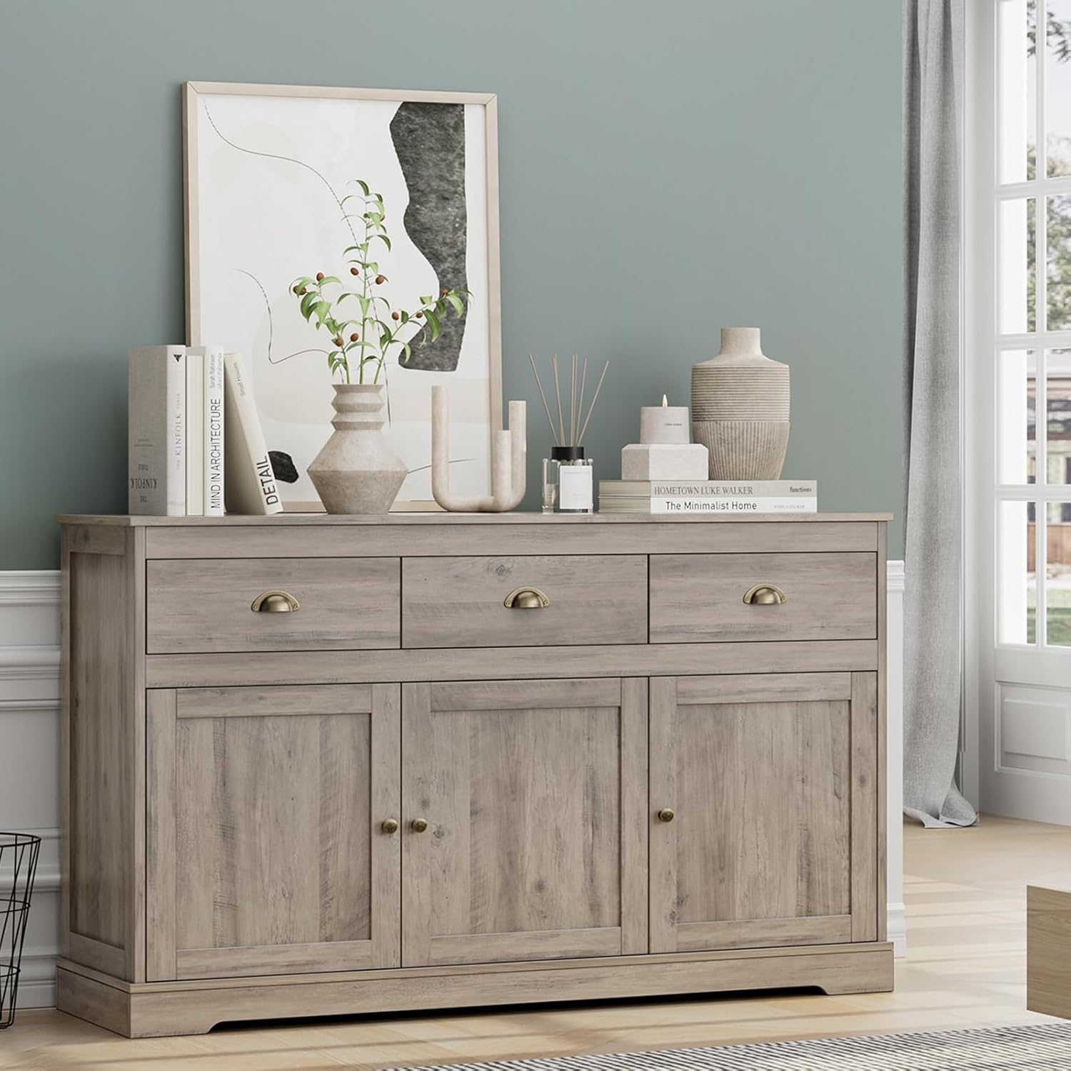 Keyluv Buffet Storage Cabinet, Sideboard Farmhouse Server Bar Wine Cabinet with 3 Drawers & 3 Doors Adjustable Shelves Console Table for Kitchen, Dining Living Room Cupboard, Grey Wash