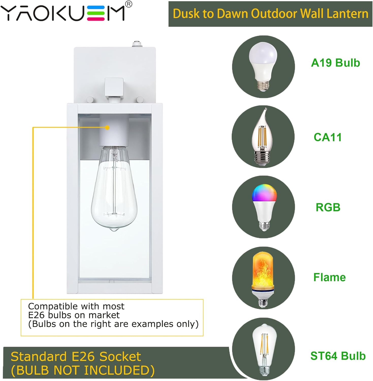 Dusk to Dawn Outdoor Wall Lantern, Photocell Sensor Wall Sconce as Porch Lighting Fixture, E26 Medium Base, Metal Housing Plus Glass, Bulbs not Included, White Finish, 2-Pack White-2 Pack 13 inch Dusk to Dawn
