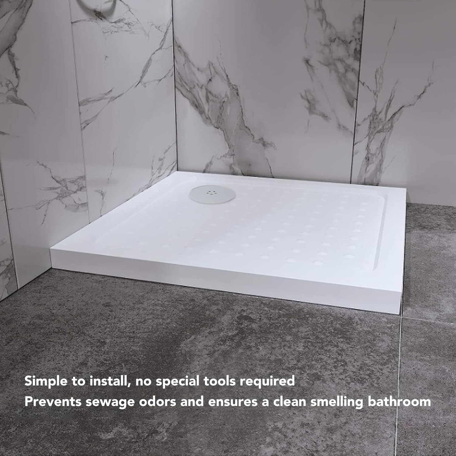 TOPINCN Round Shower Floor Drain installed in a white shower tray, demonstrating simple installation.