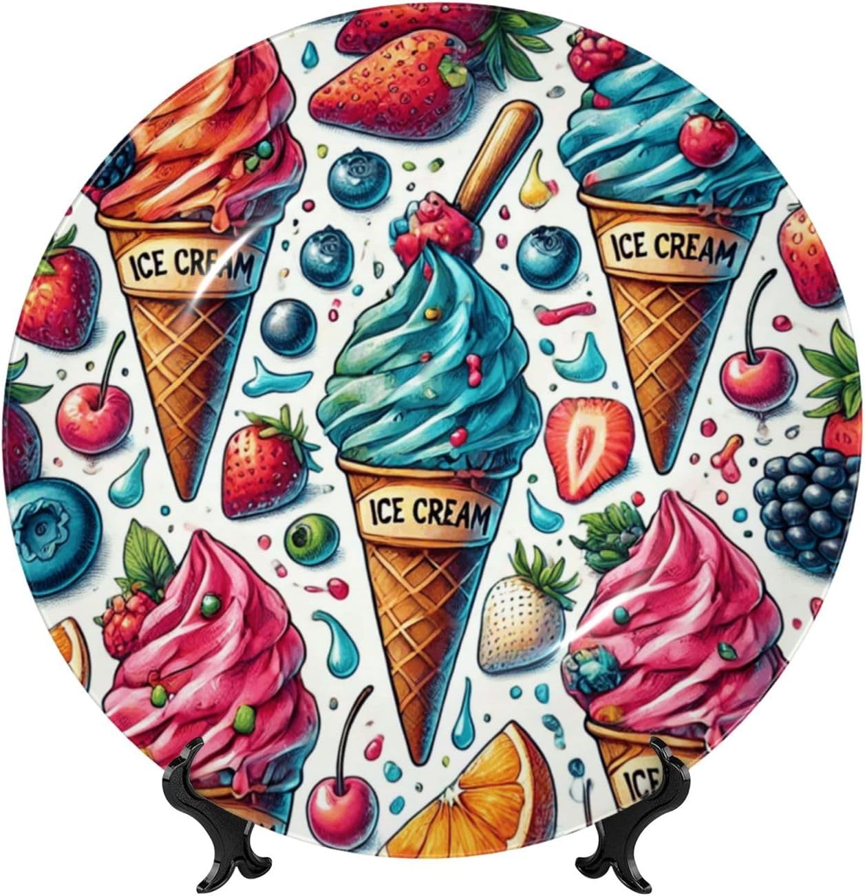 Colorful-Ice-Cream 10 Inch Decorative Plate With Stand, Elegant Display Wall Plate For Home Decor