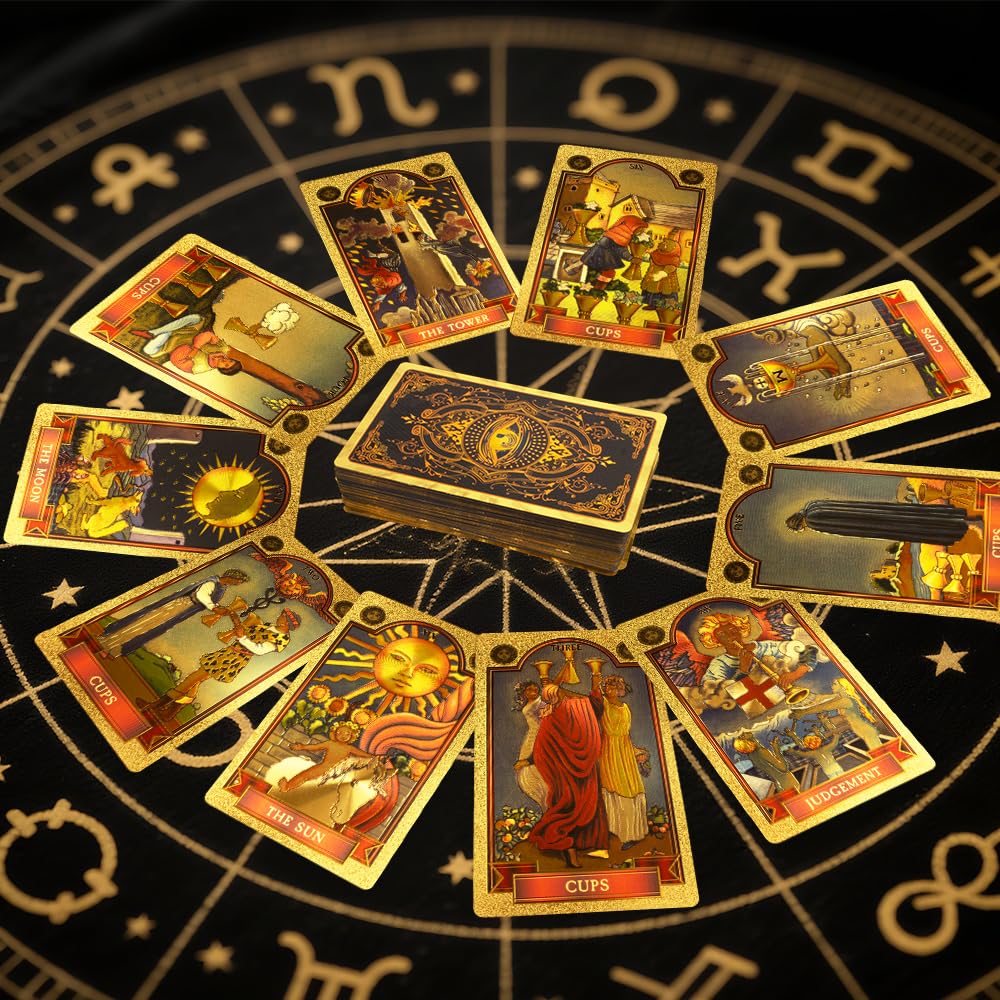 Zestaw tarota, 78+2 karty tarota, złote oko Marsylia Tarot z przewodnikiem, wróżbiarstwo tarota, karty tarota PCV, wodoodporne i bez fałd, zestaw tarota dla początkujących (złoty)