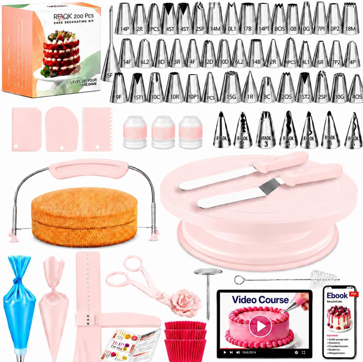 RFAQK 200PCs Cake Decorating Kit with Cake Turntable & Leveler, Baking Supplies Gift Includes 110+1 Piping Bags,55 Icing Tips,2 Frosting Spatulas, Adjustable Scraper, Video Tutorial, Booklet & more