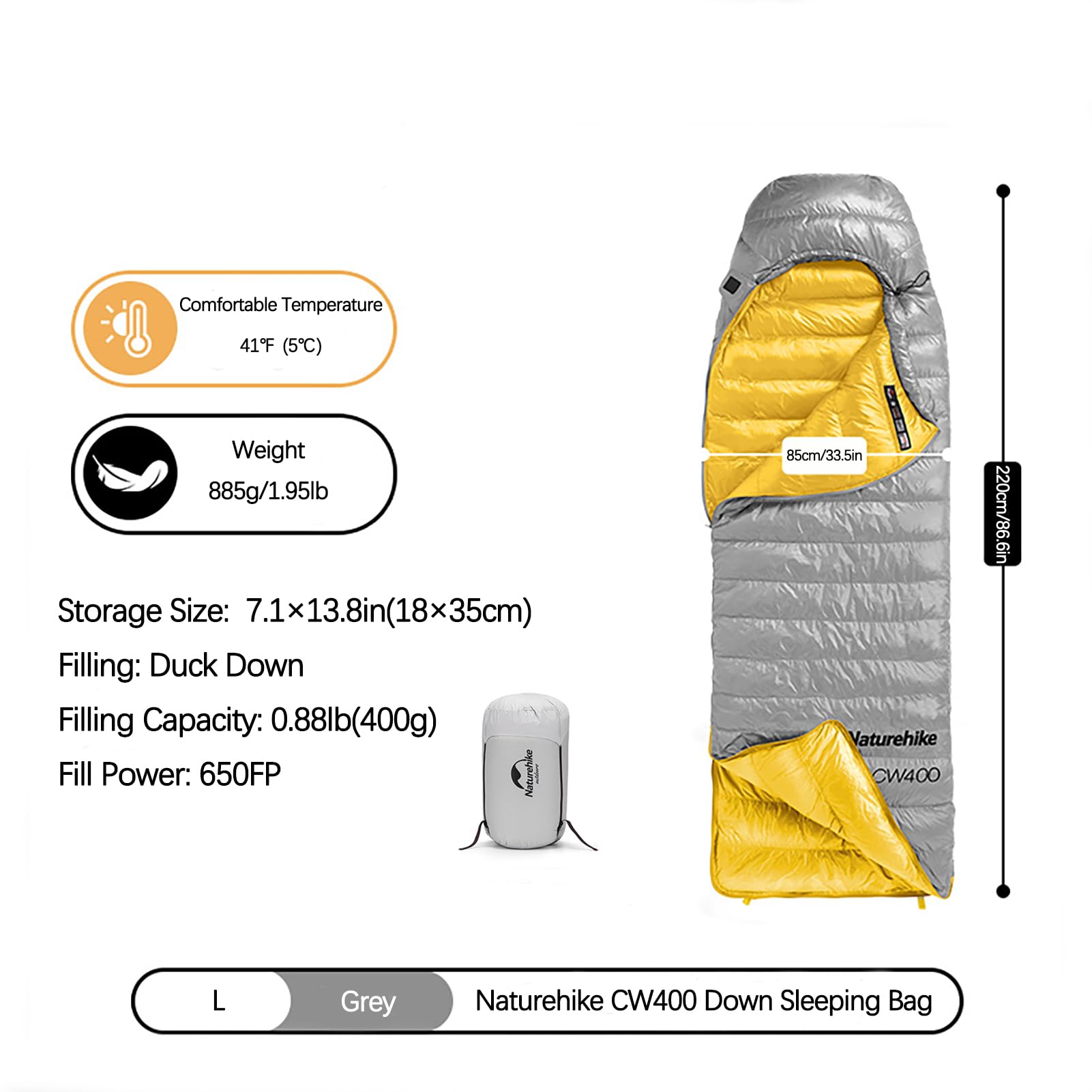 Naturehike CW400 - Saco de dormir ultraligero de plumón 650FP - 910 g de peso 6 °C cómodo, nailon Ripstop 20D con cremallera YKK para mochileros, camping, senderismo y viajes