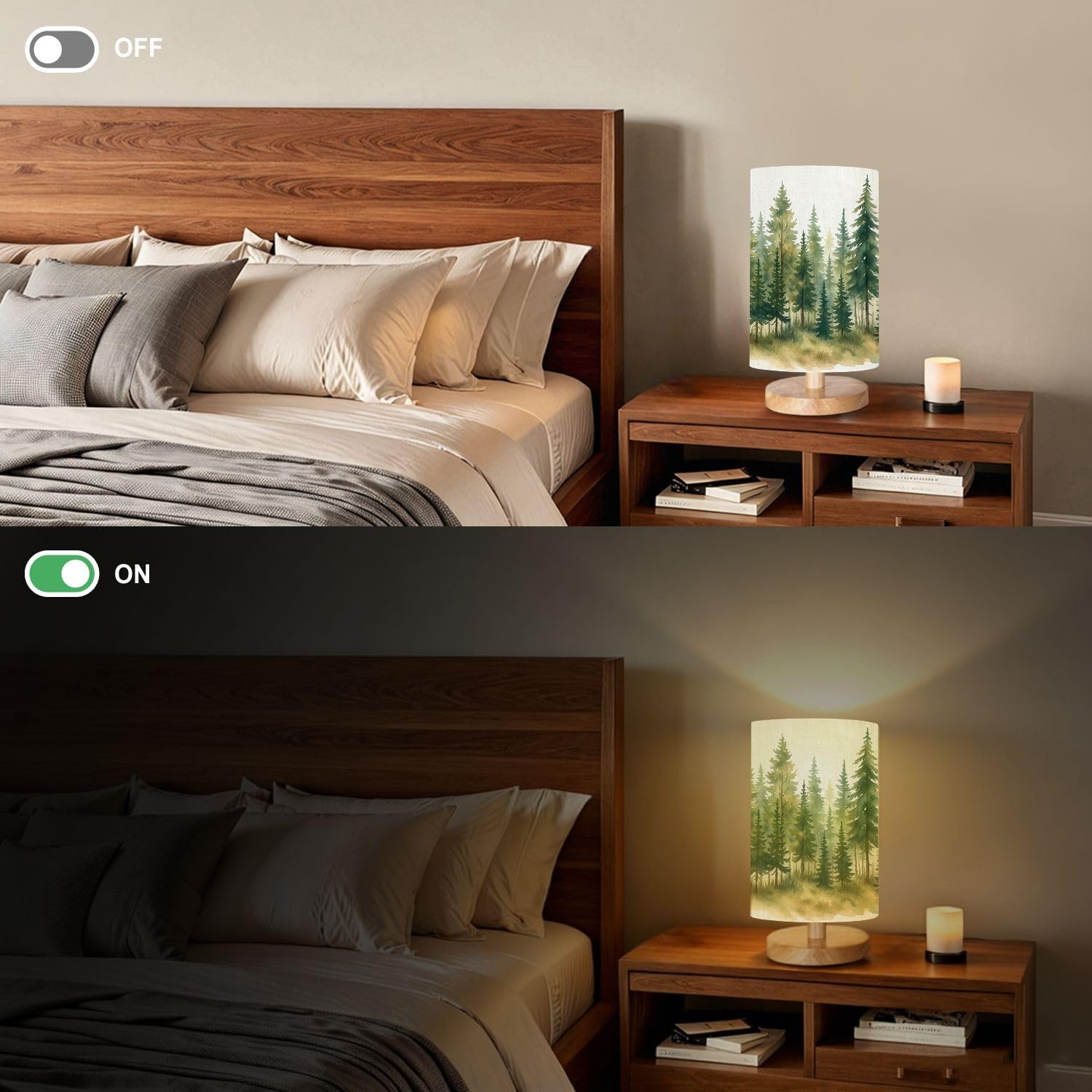 Round Table Lamp for Bedroom Watercolor Trees Evergreen Pine Tree Forest Watercolor Misty Scene Beside Lamps Desk lamp with Wood Base Nightstand Lamps for Nursery Living Room Home Decor