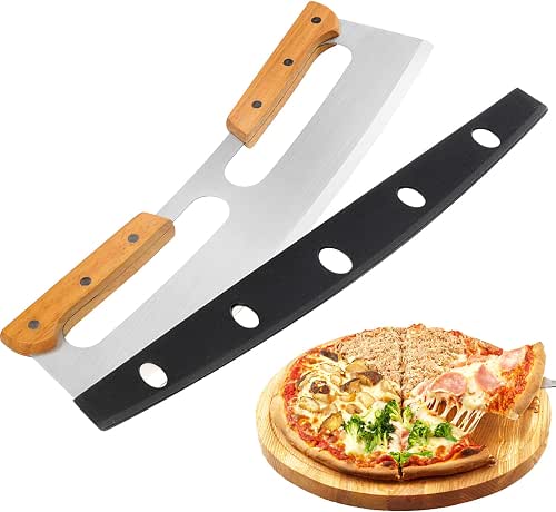 Pizza Cutter Rocker with Wooden Handles & Protective Cover by