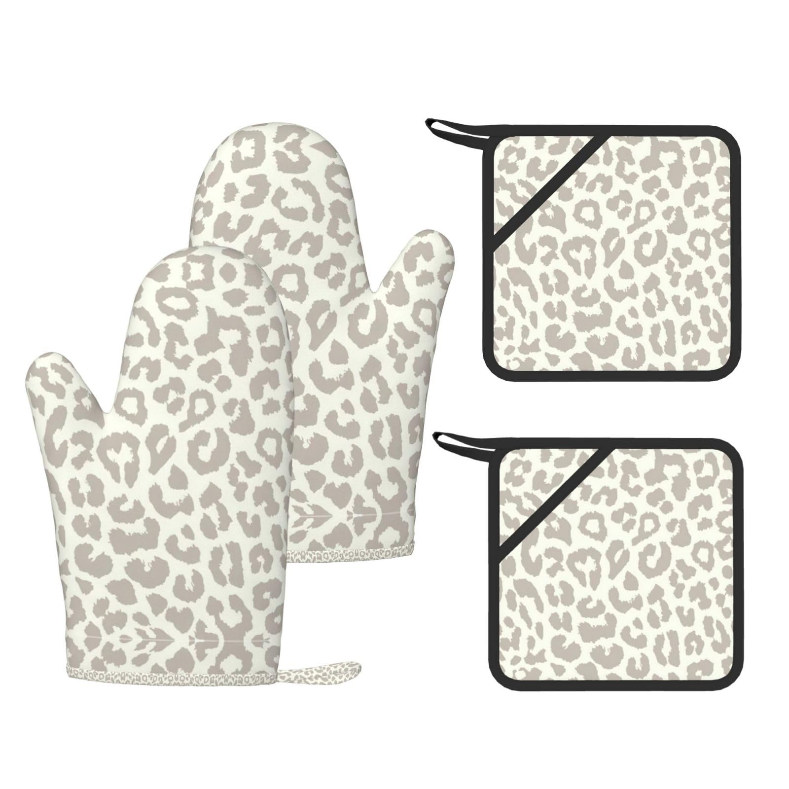 Brown Pattern Leopard Stylish Printed Kitchen Set Including Heat Resistant Gloves and Non-Slip Hot Pads for Cooking BBQ