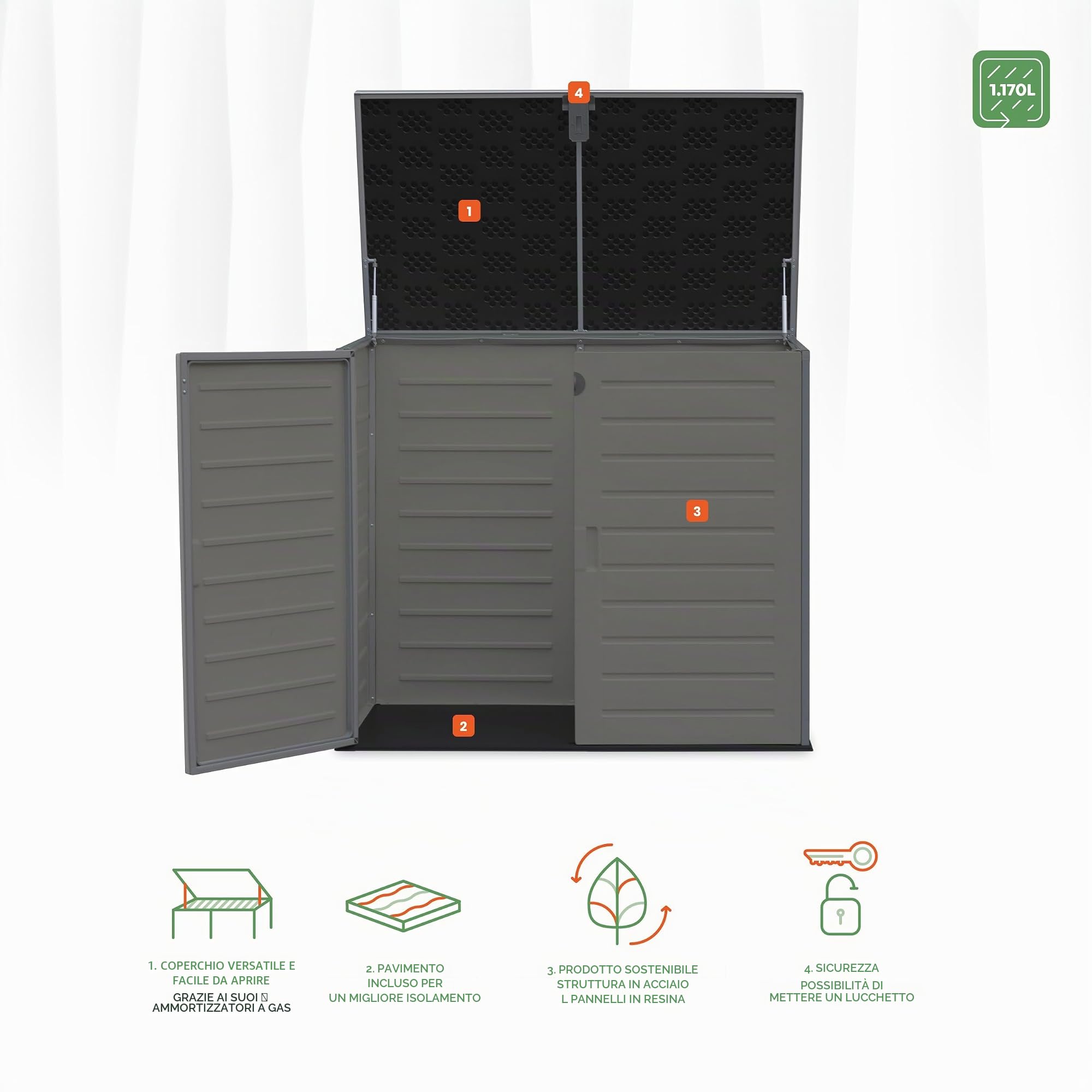 Wasabi - Armadio da Esterno in Resina 1170L – 140x82x124cm – Pavimento Incluso - Porta Doppia e Coperchio Ribaltabile – Struttura in Metallo – Pannelli in Polipropilene – Chiusura con Catenaccio