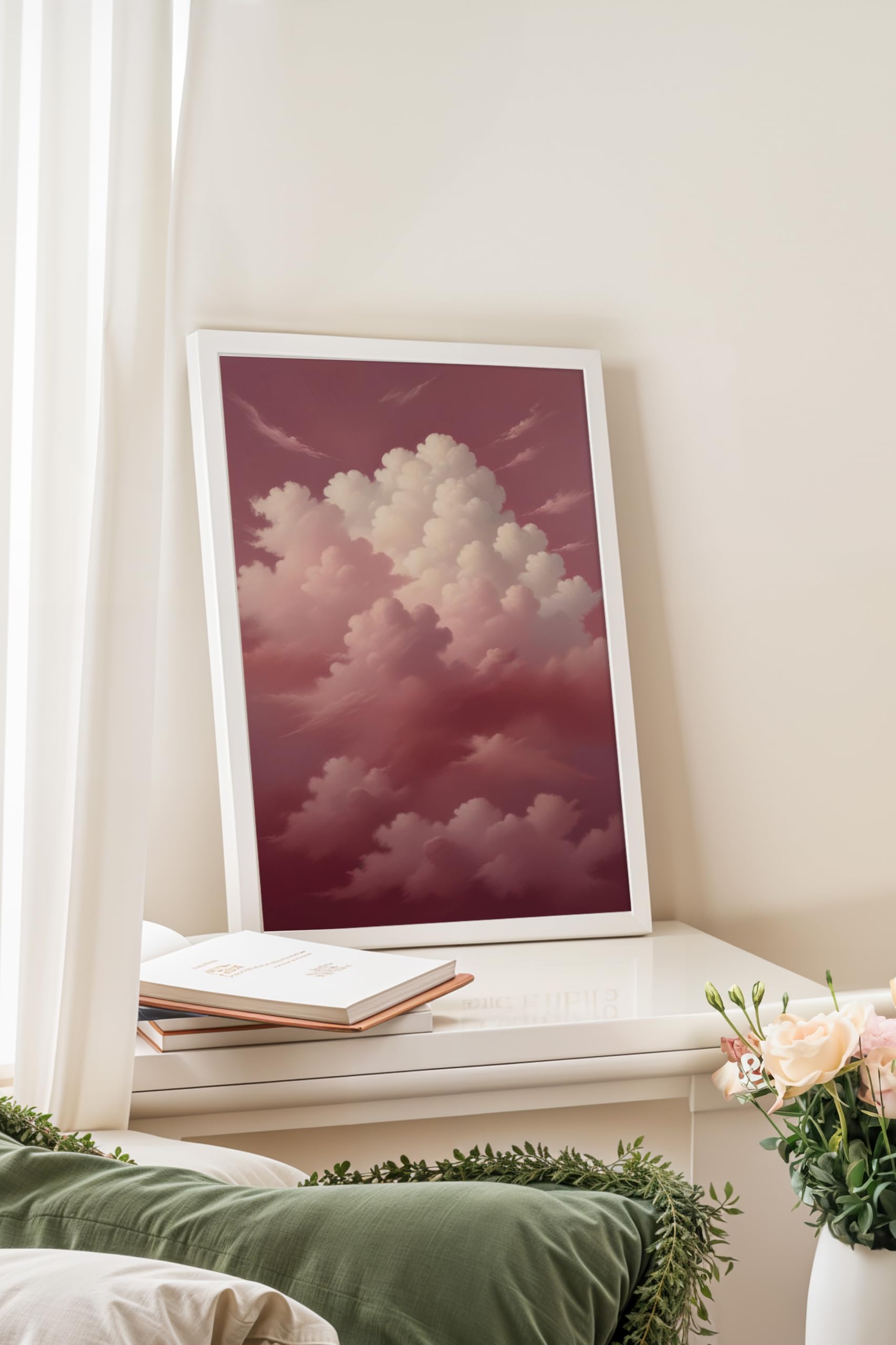 Zestia Beyaz Çerçeveli Tablo, Pembe Bulutlar, Dijital Gökyüzü İllüstrasyonu Poster No: 107548 21 x 30