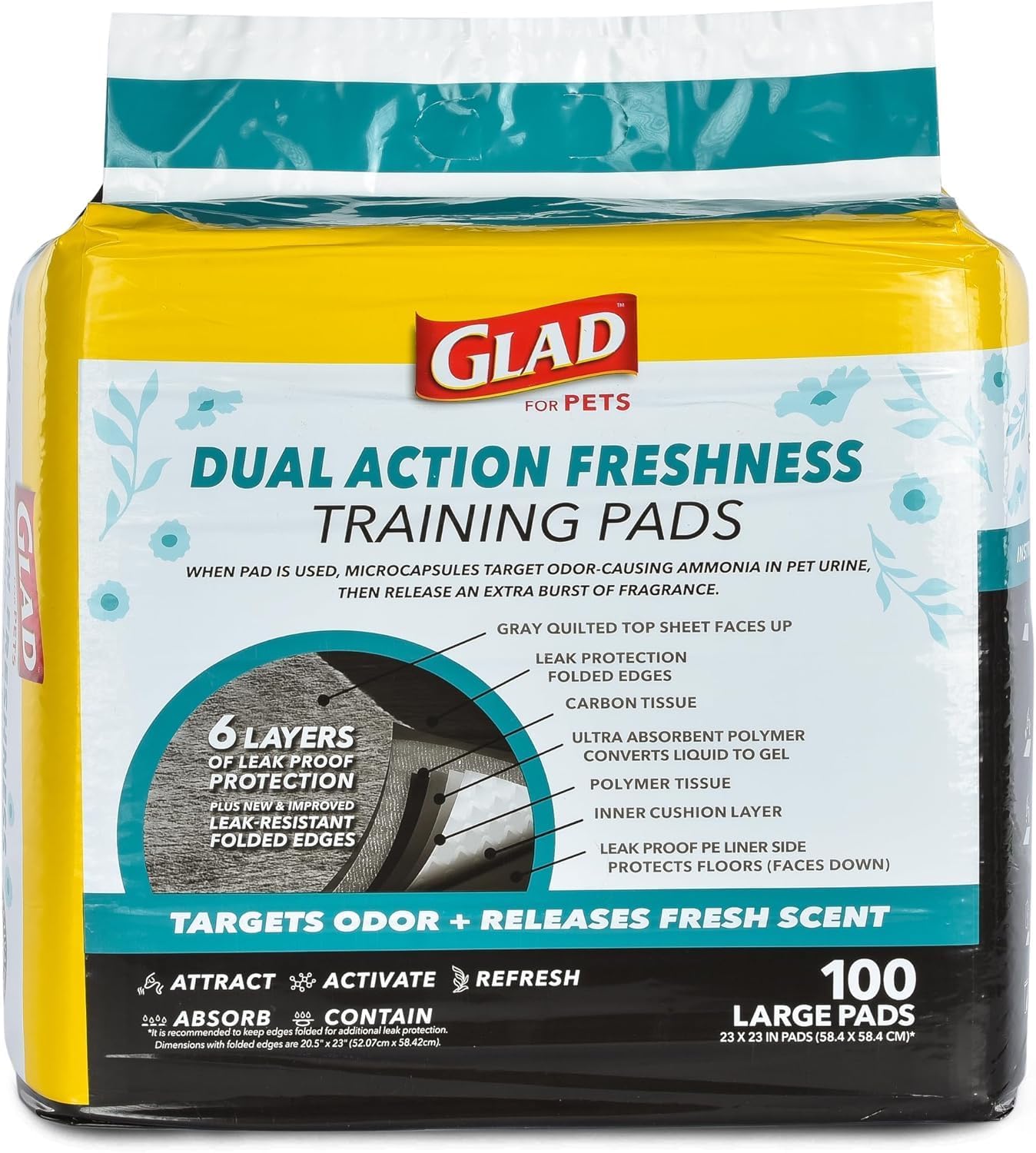 Glad for Pets Dual Action Freshness Activated Carbon Puppy Training Pads with Fragrance Release, Scented Pee Pads, Ultra Absorbent, Odor Control, 23"x23" 100ct - 2 Pack