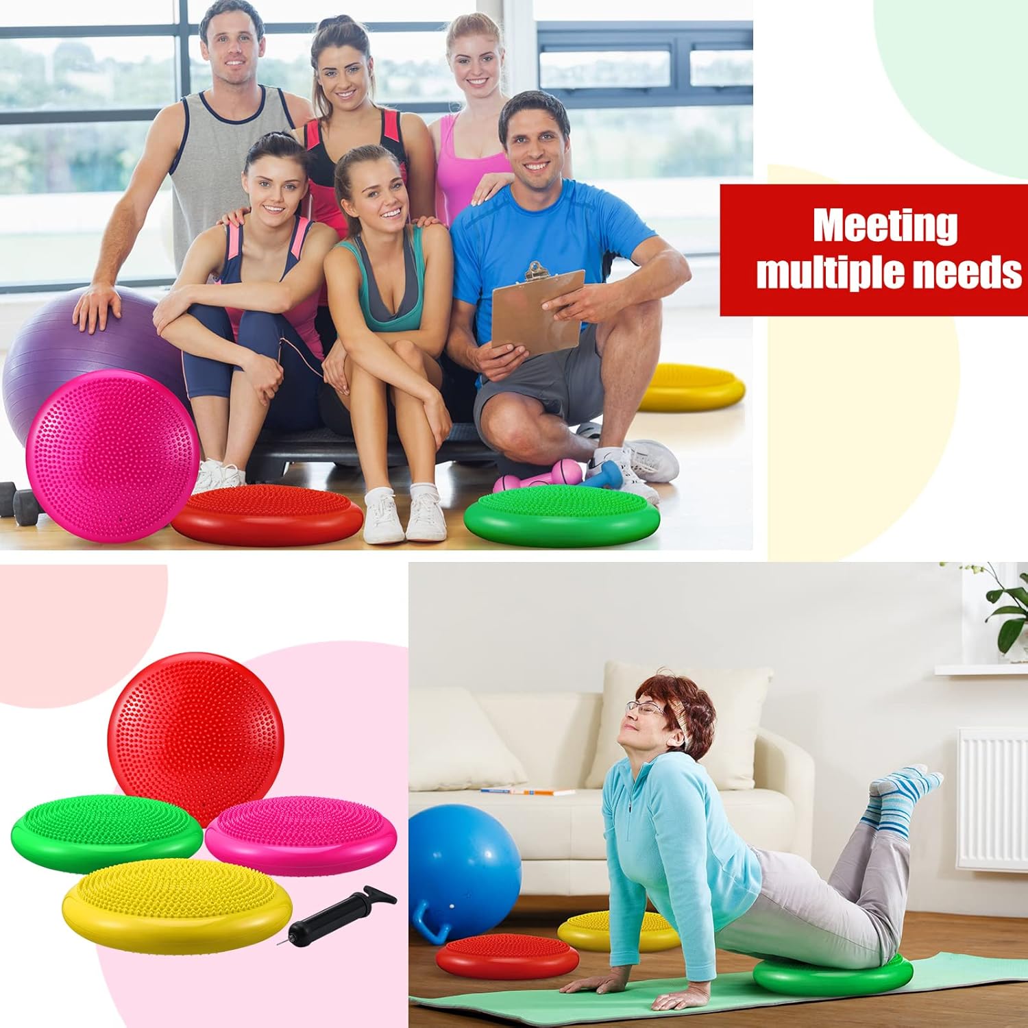 Sotiff 4 Pcs Inflated Wobble Cushion Flexible Wiggle Seat 14” L x 3.2” H Stability Balance Disc with Pump for Sensory Adult Physical Exercise Equipment