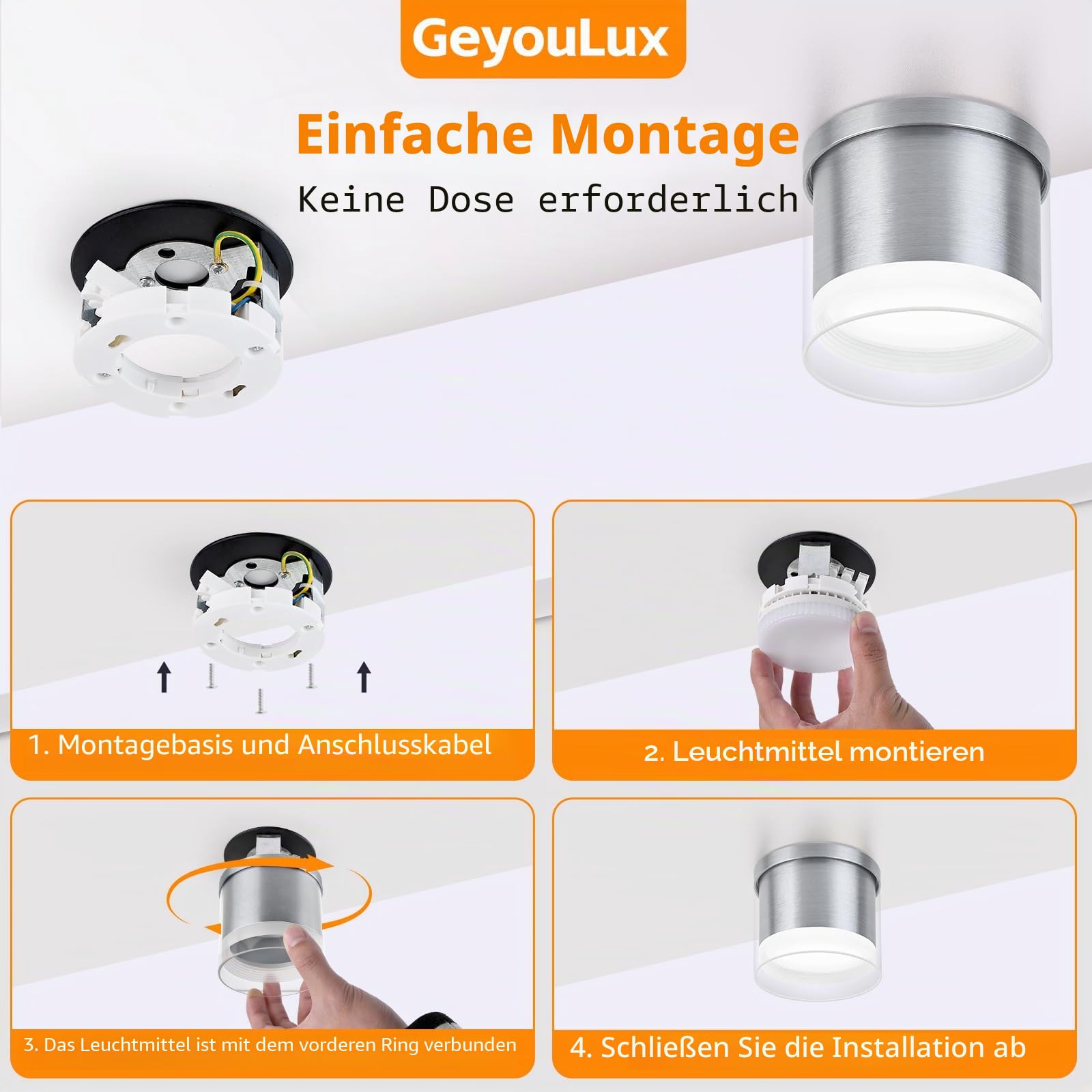 GeyouLux LED Aufbauspot Ø90×86mm Deckenspots 3CCT Aluminium LED Aufbaustrahler inkl. 7W 800LM GX53 LED Leuchtmittel Aufputz Spots Deckenlampe 3000K/4000K/6500K Grau Rund 4 Stück