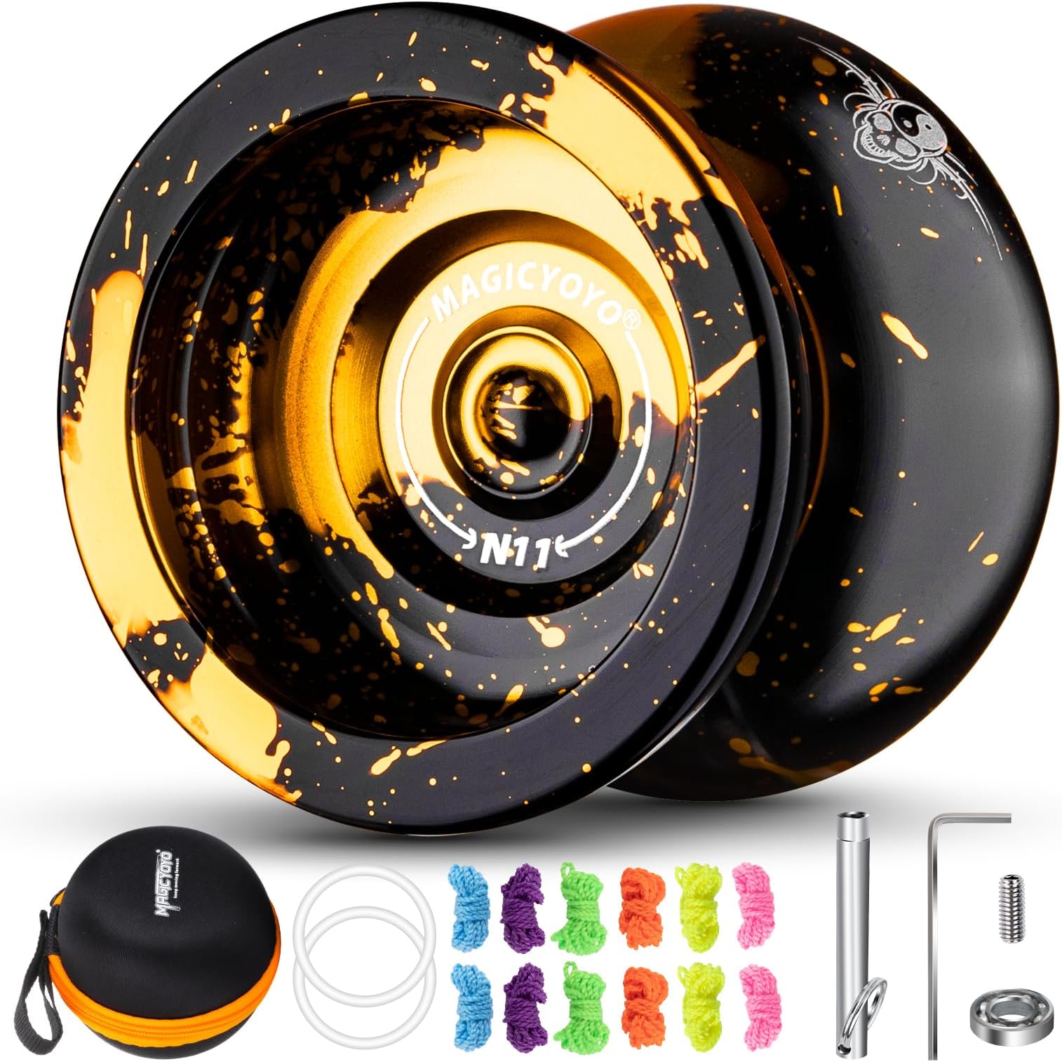 MAGICYOYO Professional JoJo N11 Plus Responsive JoJo for Children, Dual Purpose Metal Yo-Yo with Non-Responsive Yoyo Mode + Yo-Yo Bearing Replacement + 12 Yoyo Cords + Yo-Yo Bag (Black Golden)