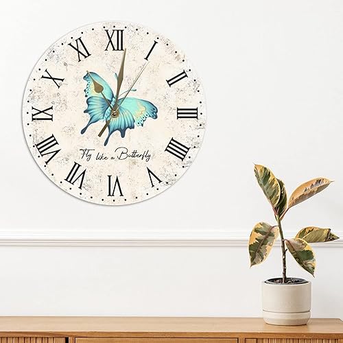 Miniatura 3 de Reloj retro de mariposa para jardín, reloj de pared colgante de 12 pulgadas, funciona con pilas, silencioso, sin tictac, con impresión de madera,