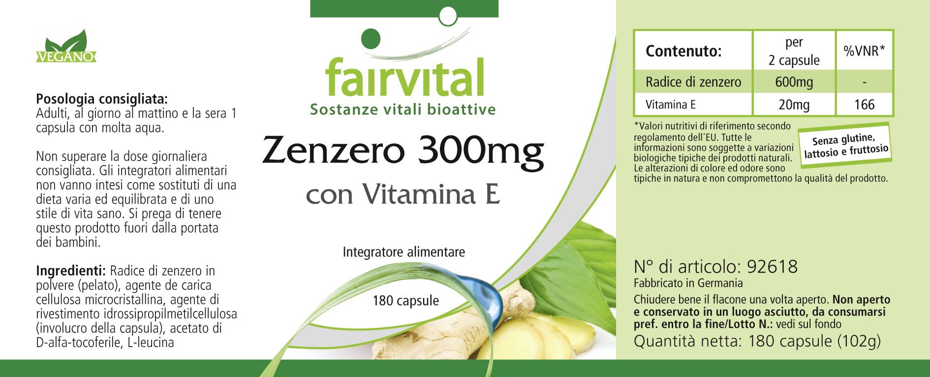 fairvital Ingwer Kapseln 300mg mit Vitamin E, 180 Kapseln, schluckfreundlich, HOCHDOSIERT, VEGAN