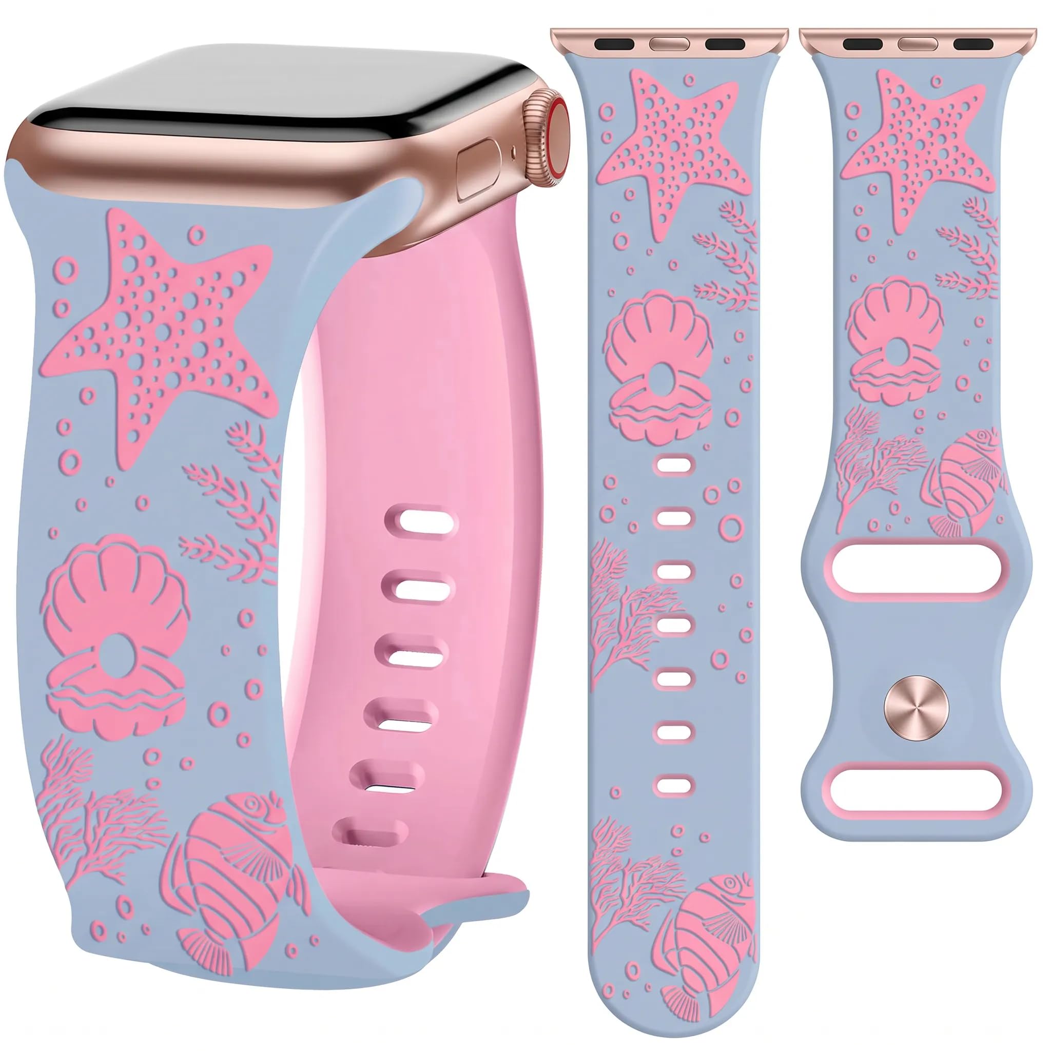 Apple Watch Bands for Women Ocean Theme Starfish Seaweed Silicone Band, Waterproof Replacement Strap for iWatch Series 11 10 Ultra SE 9 8 7 6 5 4 3 2 1