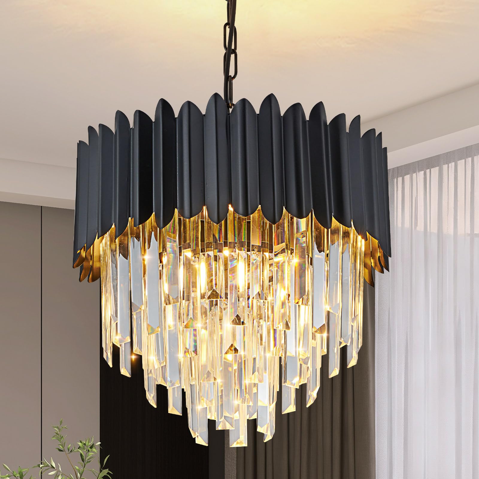 Moderne Luxus Kristall Pendelleuchte, schwarzer Kristall Kronleuchter, 3-Tier Raindrop Kronleuchter Leuchte Flush Mount Deckenleuchte für Esszimmer, Φ40cm