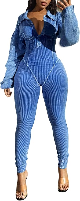 LKOUS Womens Long Sleeve V Neck Lantern Dressy Casual Jumpsuit Pockets