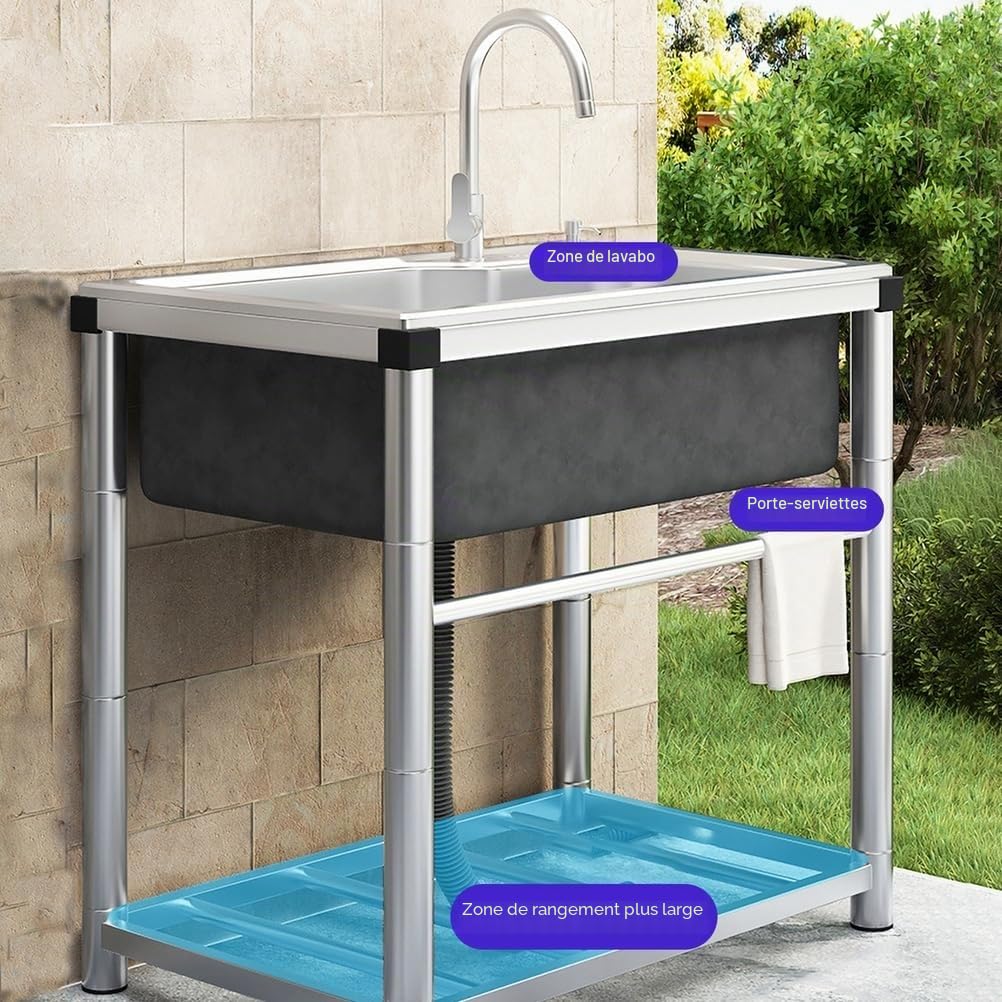 Plonge INOX 1 Bac Professionnel Évier De Cuisine sur Pied Commercial avec Robinet d'eau Chaude Et Froide, Étagère De Rangement 1.0mm Évier Utilitaire pour Buanderie,Garage,50 * 37 * 75cm